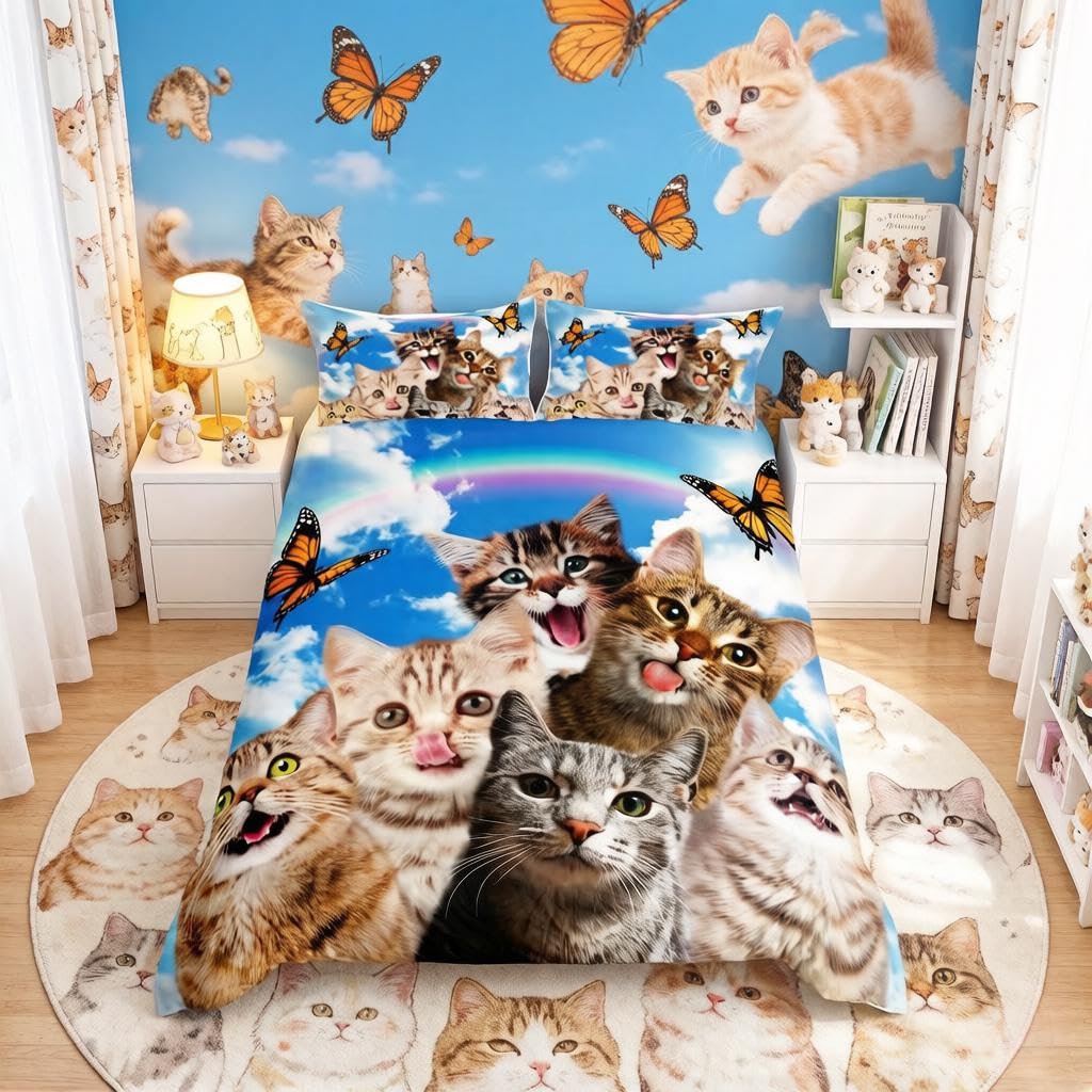 Loussiesd Cat Bedding King Size Cartoon Pet Cats Bedclothes Cute Kitten Print Duvet Cover Set For Kids Adults Funny Animal Cat Lovers Vibrant Zippered Bedding — image 1