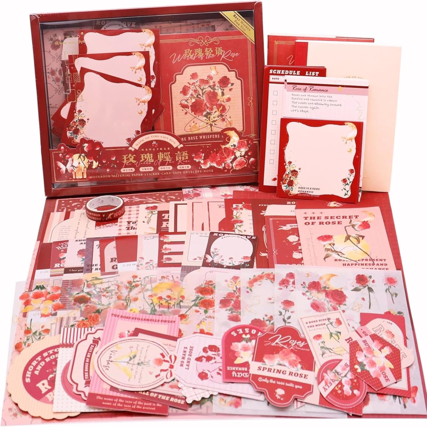 VIBEVISTA Vintage Aesthetic Scrapbook Kit, 346 Pcs, A6 Grid Notebook, Washi , Envelopes, Scrapbook Papers, Folding Labels, Background Papers, Photo Frames, Calendar Stickers, Stickers (The Words of the Rose, Rose)