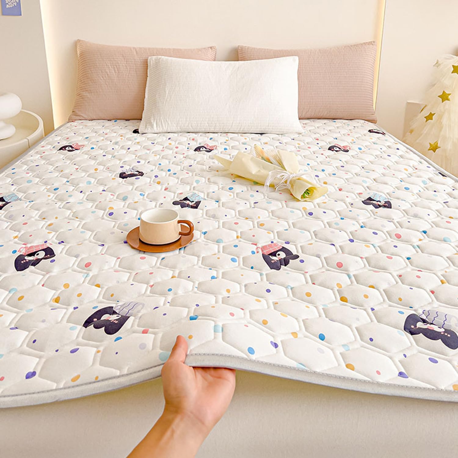 Thin Mattress Cover Queen Size Bed with 4 Corner Straps Mattress Topper Cotton Soft Matress Protetcor Non-Slip Mattress Pad Cover Home Bedroom Student Dormitory,F,100 * 200cm(twin)