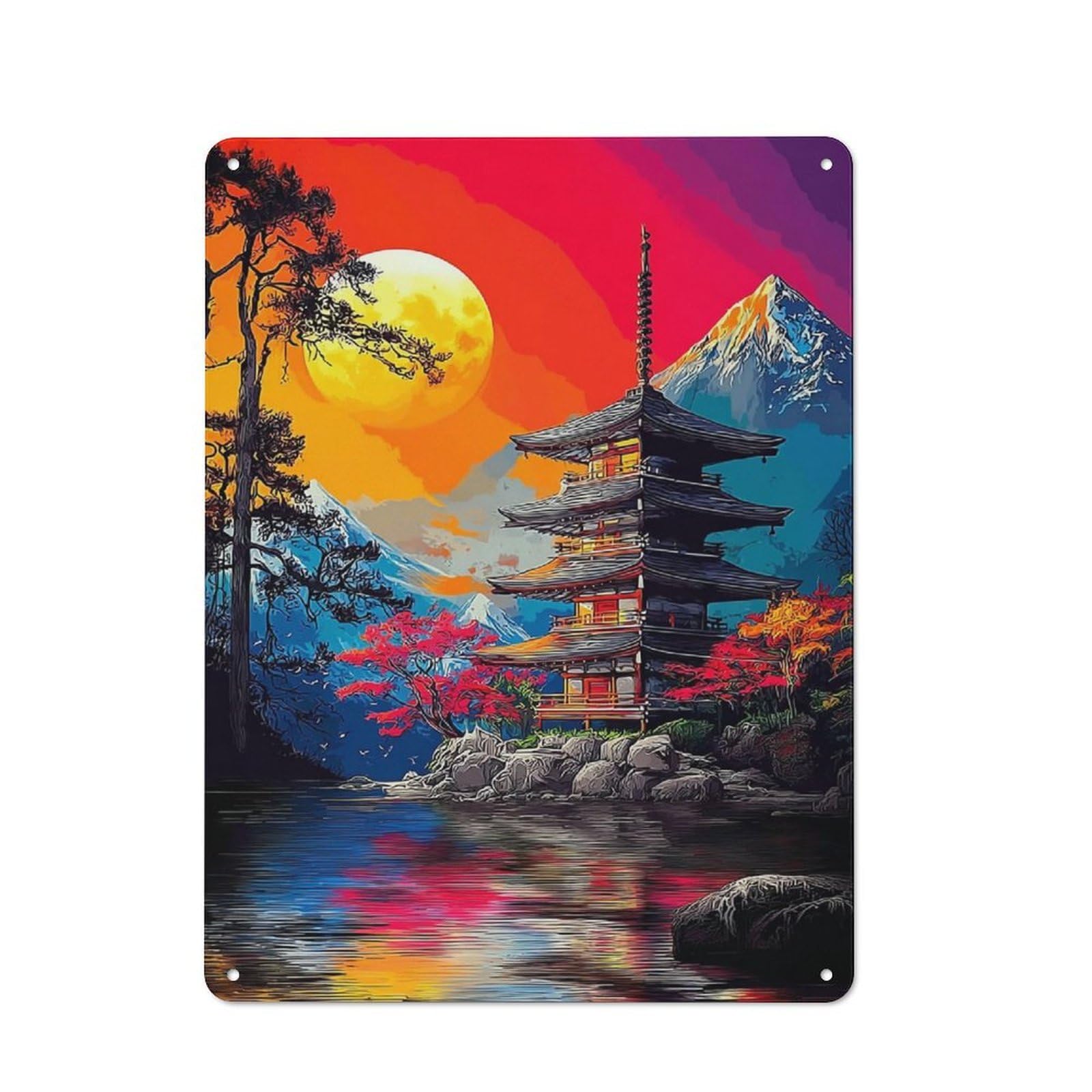 Junmoney Japanese Pagoda Sunset Reflections -2 Metal Wall Sign 40X30cm Featuring For Café Or Restaurant, A Decorative Metal Sign For Cafés And Restaurants