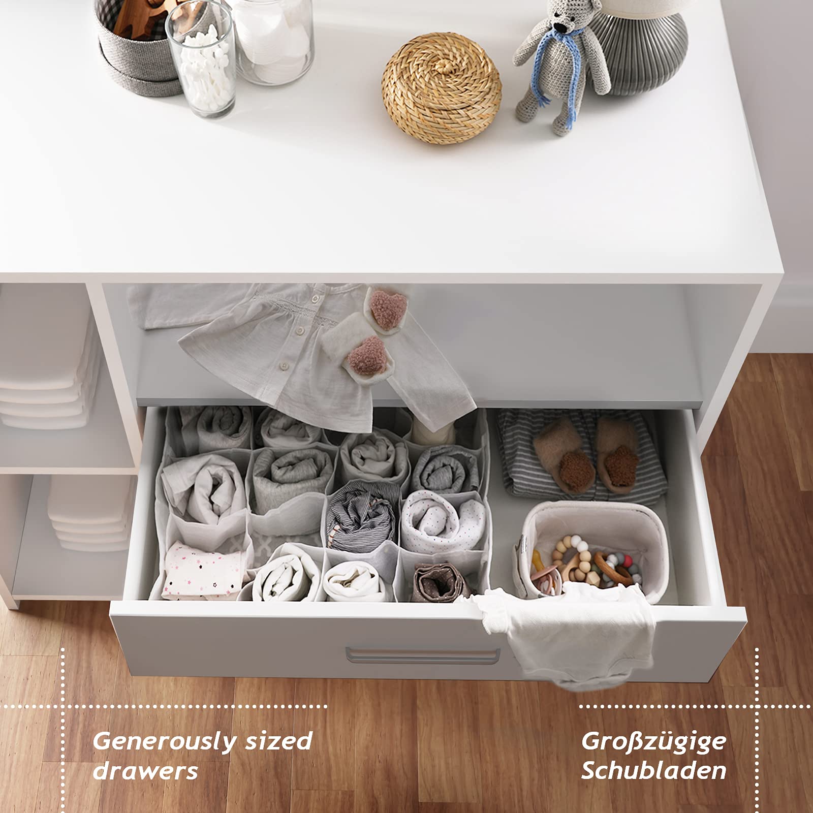 Infantastic Wickelkommode 3 Schubladen 3 Fächer 113x53x101.6 cm MDF Weiß Grau Sonoma Baby Kommode Wickeltisch