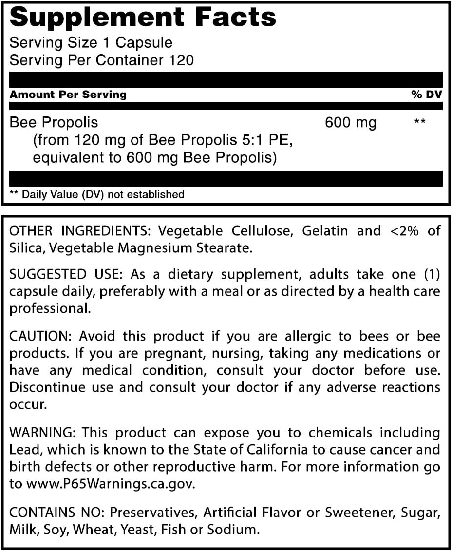 Amazing Formulas Bee Propolis 600 mg 120 Capsules Supplement | Non-GMO | Gluten Free | Made in USA