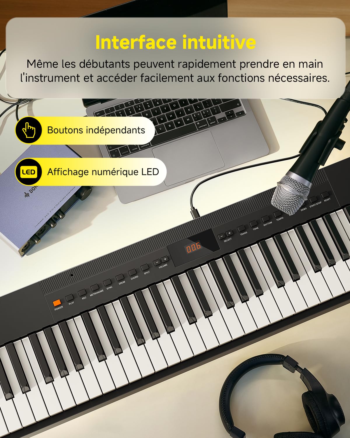 Donner DEP-05 Piano numérique 88 touches semi-lestées sensibles à la vélocité, clavier portable avec support en X amovible et pédale, idéal pour les débutants, connexion USB-MIDI sans fil, noir