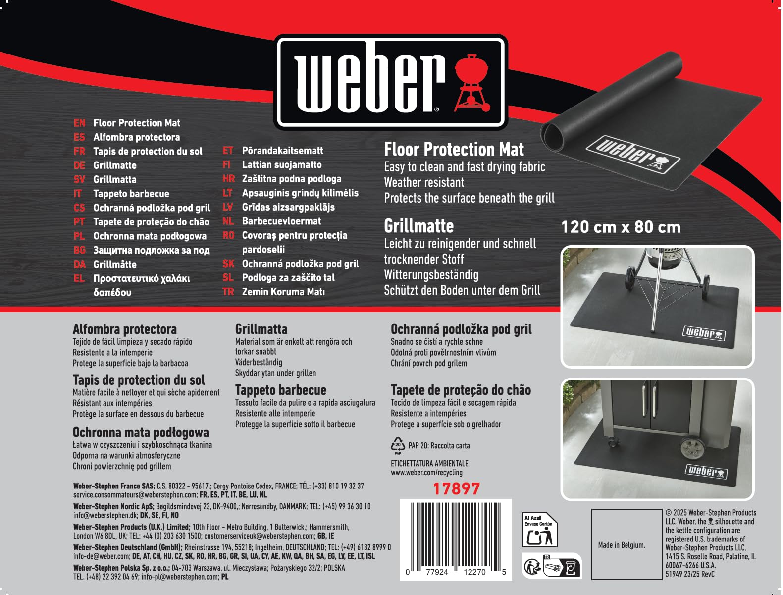 Weber Grillmatte - Klein (120 x 80cm), schützt Terasse/Balkon vor Fettspritzern oder tropfenden Flüssigkeiten, hitze- & witterungsbeständiges antibakteriellles Material, für alle Grills (17897)