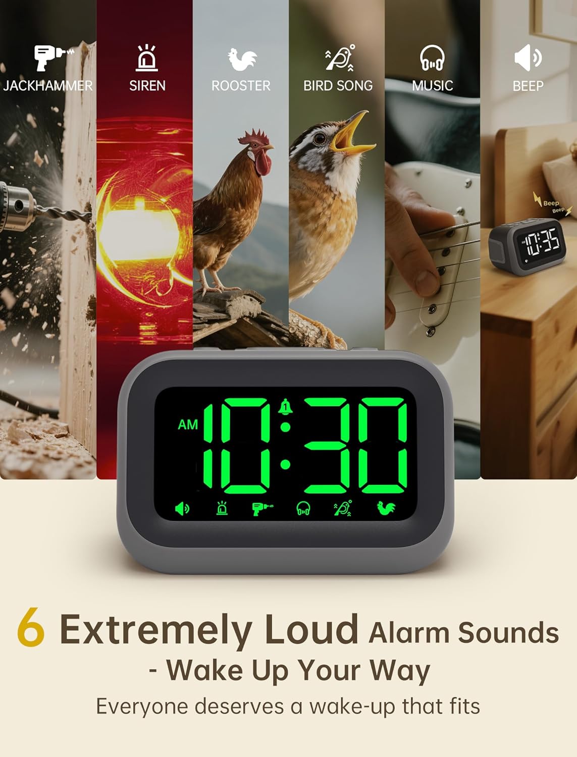 Acedeck L01 alarm clock displaying icons for 6 different alarm sounds