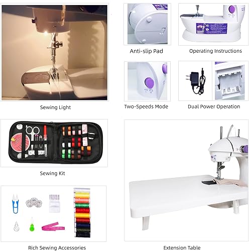 Miniatura 2 de H&ZVIITA Mini máquina de coser portátil con kit de costura, mesa de extensión y pedal de pie, 2 interruptores de 2 velocidades, pequeña máquina de