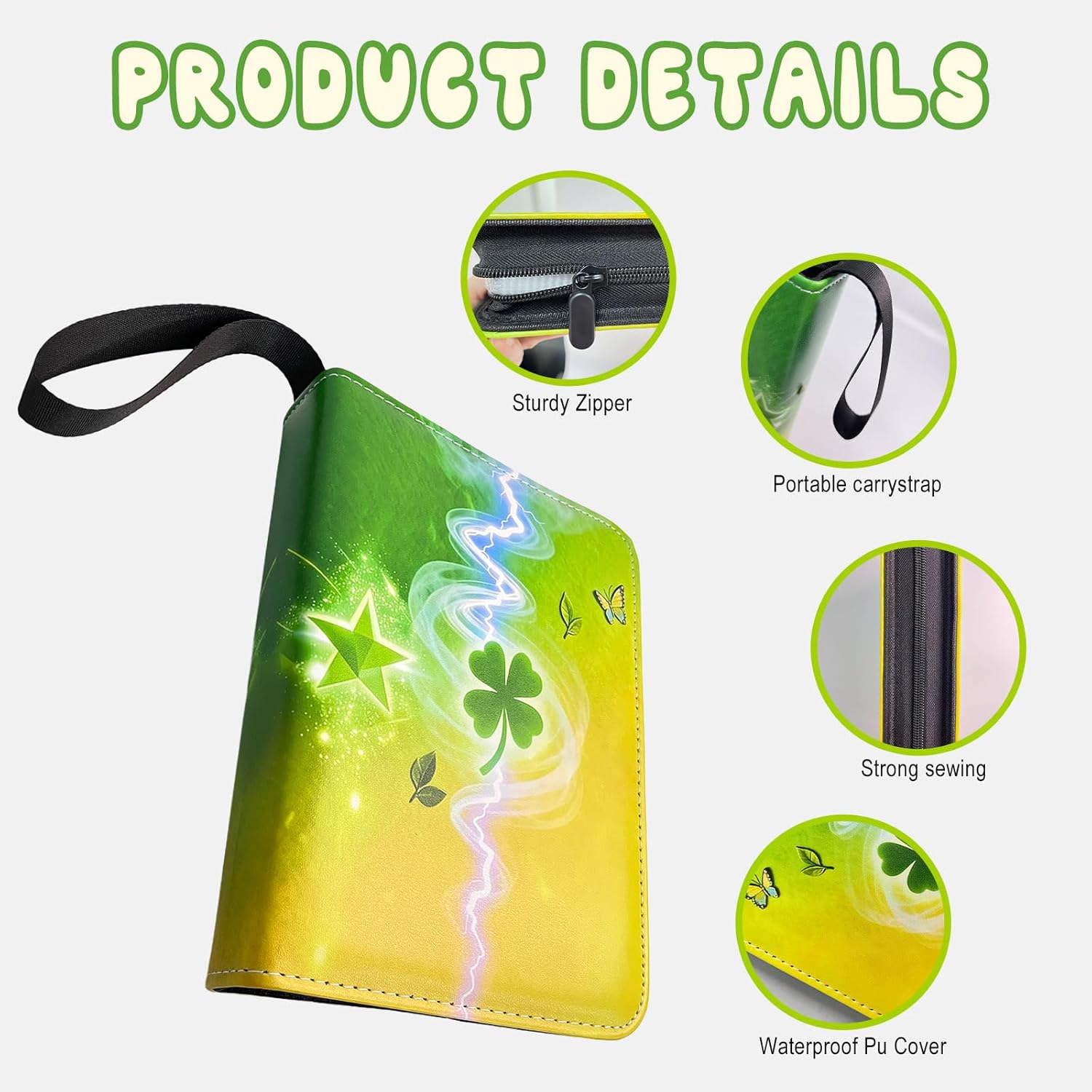 Trading Card Binder 4 Pocket, 400 Capacity Card Holder with 50 Removable Double-Sided Sleeves, 3-Ring Zipper PU Waterproof Album for Sports Game Cards, Collectible Storage Book for Boys Girls (Green)