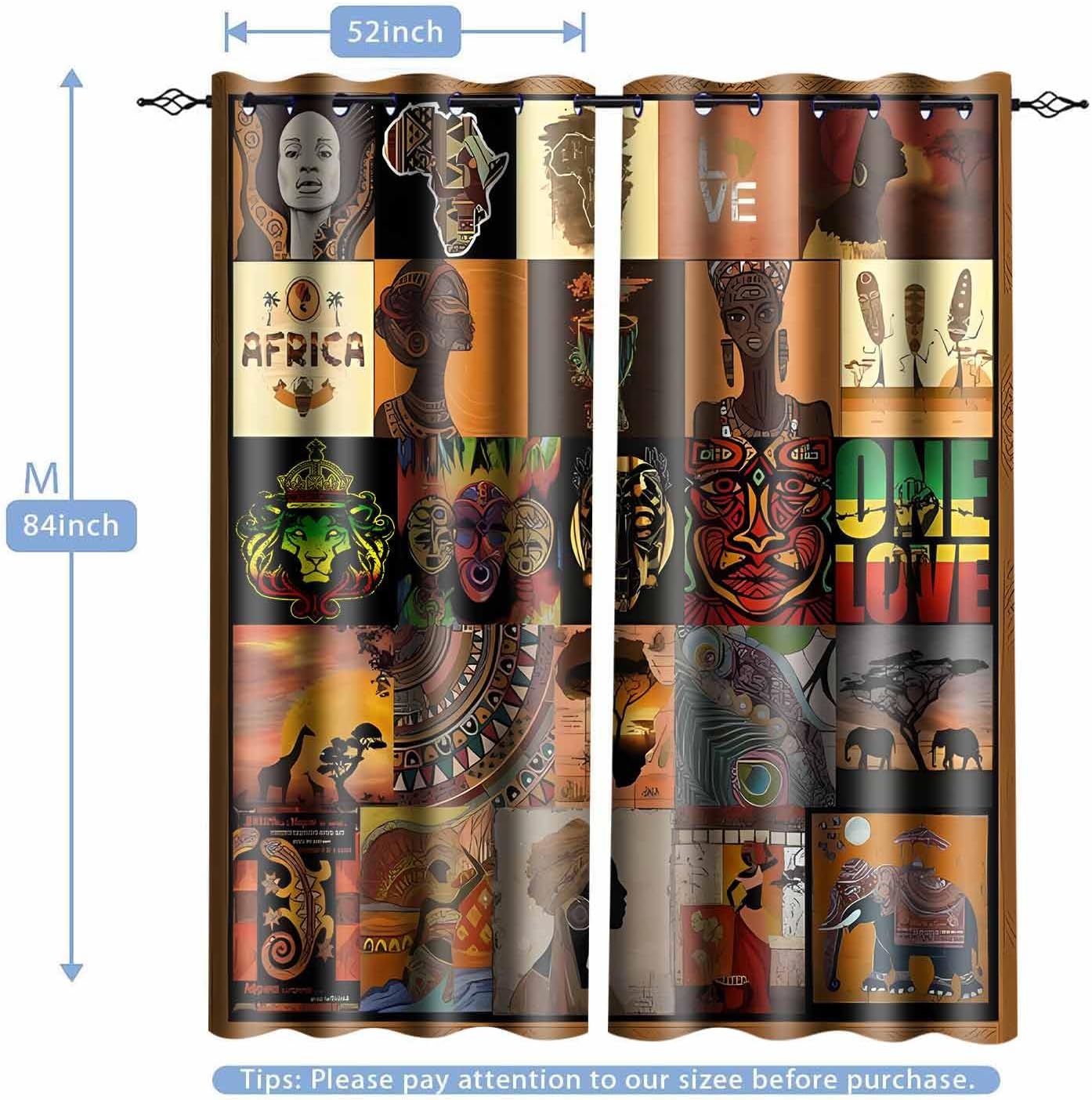 African Patchwork Style Curtains African Black Women Blackout Window Drapes Native African Ethnic Totem Patterns Masks Elephants Giraffes Curtain for Bedroom Living Room 52x84inch CLDWMS000224