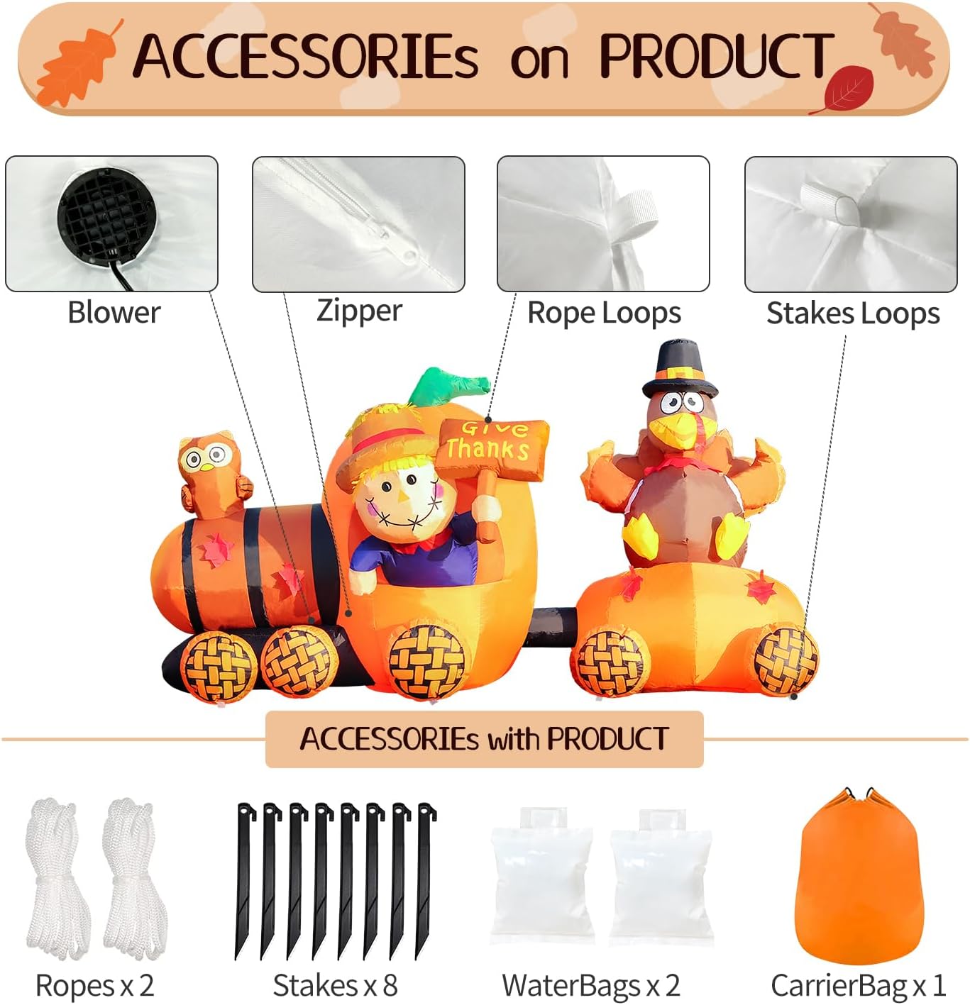 DomKom 6FT Thanksgiving Lighted Inflatable Scarecrow Driving Pumpkin Train with Turkey, Fall Yard Decoration - Outdoor Animated Blow Up Decor with LED Lights for Lawn, Garden Party