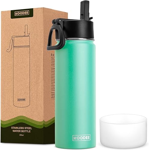 koodee Botella de agua de 22 onzas de acero inoxidable aislada al vacío, botella de agua deportiva de boca ancha con tapa con popote, botella de