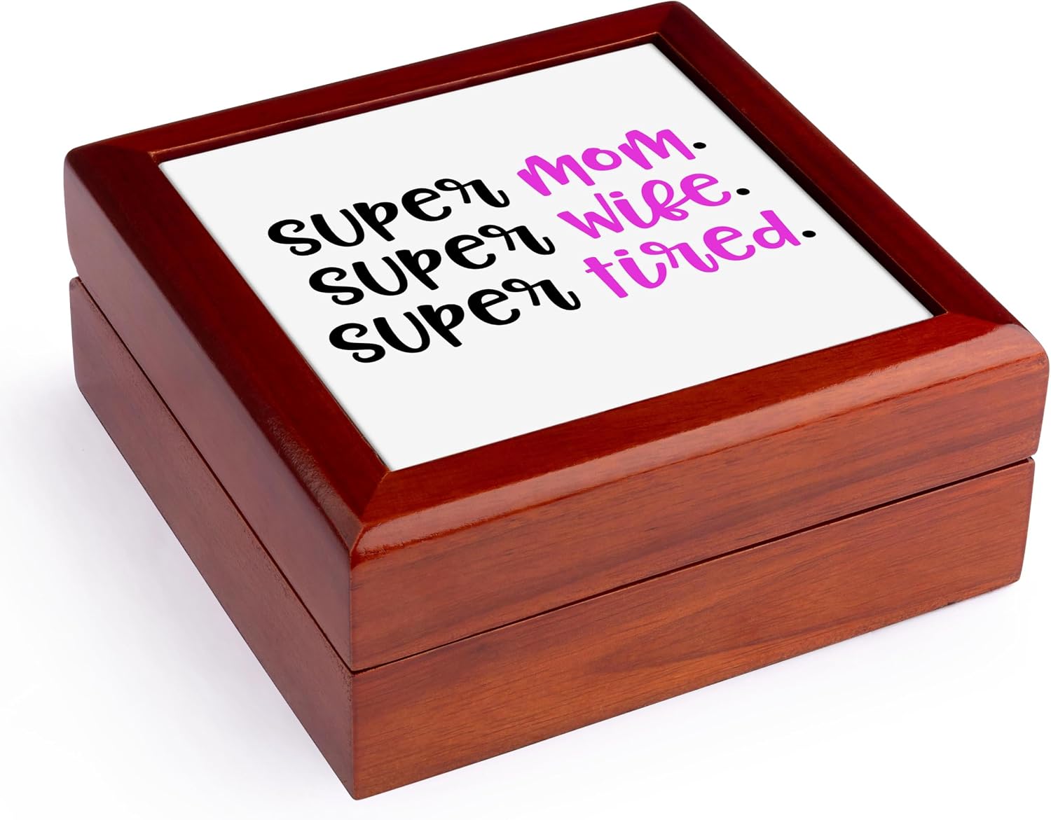3dRose Super Mom Wife Tired Jewelry Box 7 x 7 inch with 4 inch tile