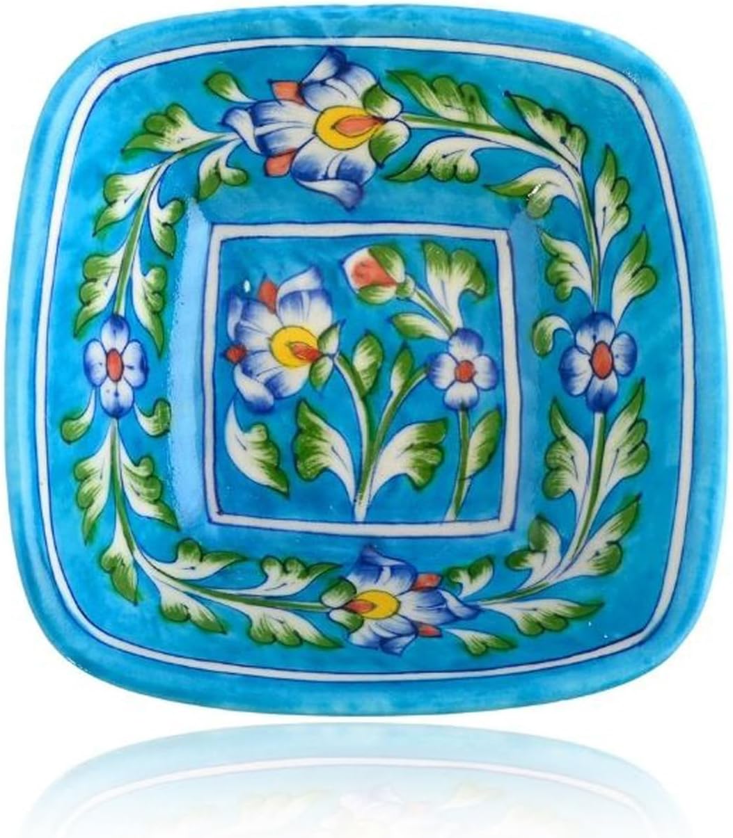 NATRIEL Earthenware Decorative Bowl Blue Pottery Hand Painted Home Décor Serving Bowls Square Bowl 4" pack of 2