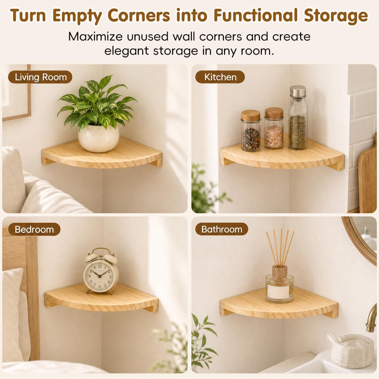 Alipis Natural Solid Wood Corner Shelf Wall Mounted, Dual-Fortified Floating Corner Shelves for Wall Storage, Round End Sector Display Bookshelf for Bedroom Living Room Kitchen Plant (Oak, 7in 2P)