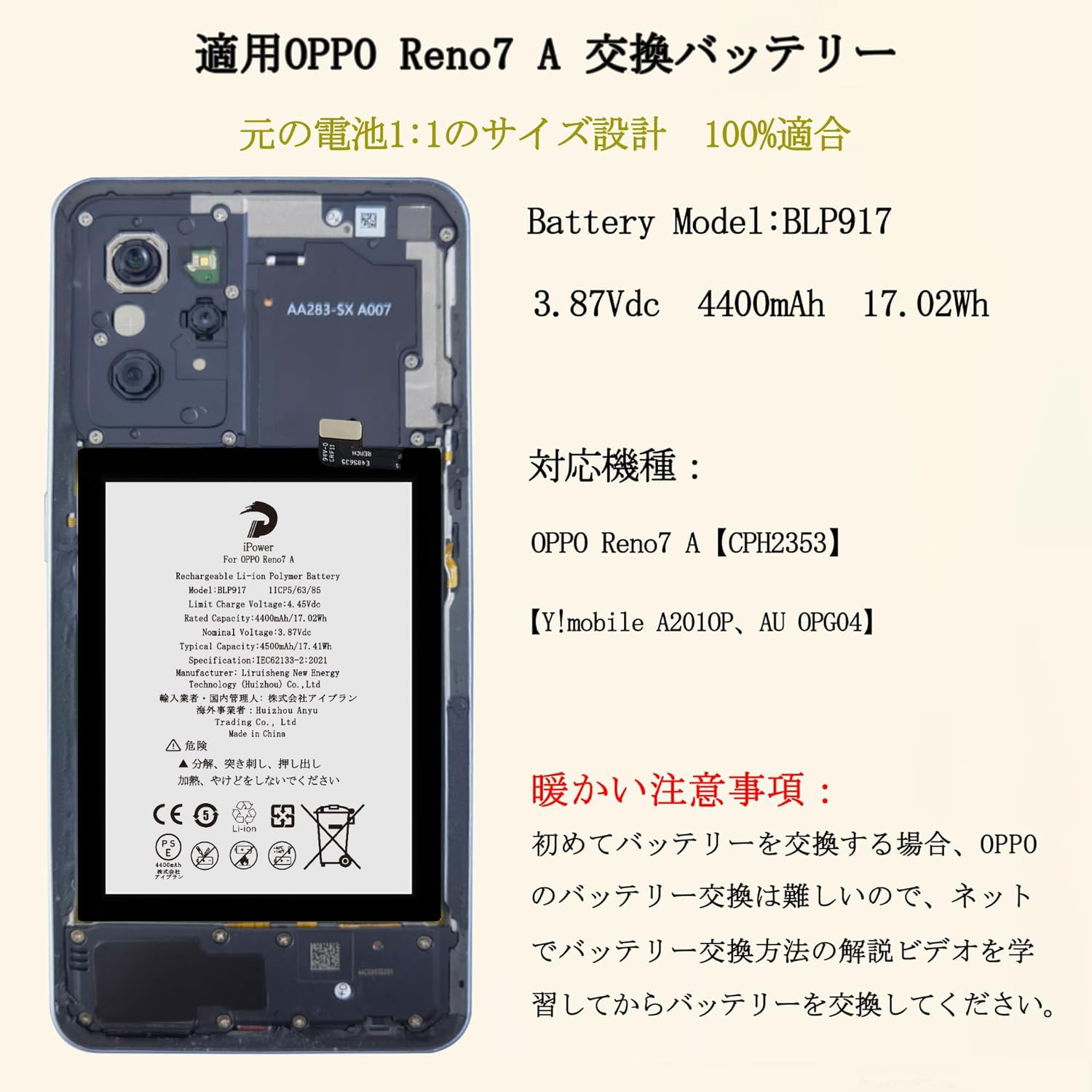 Amazon | iPower for OPPO Reno7 A バッテリー交換 容量4400mAh BLP917