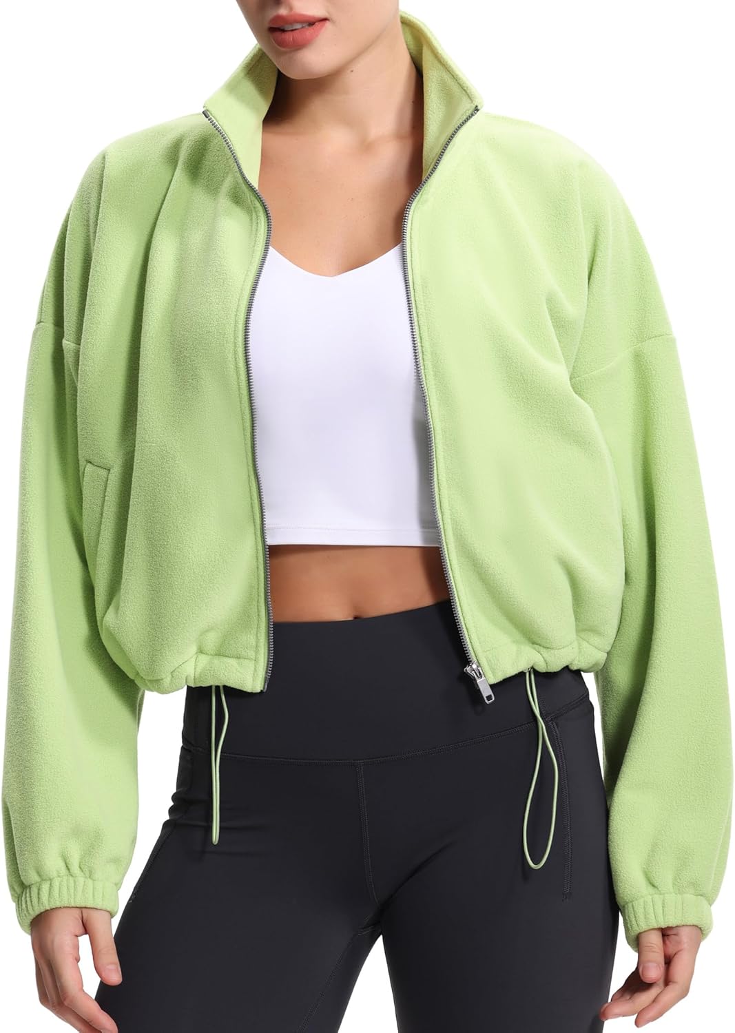 THE GYM PEOPLE Women's Fleece Cropped Jacket Full Zip Stand Collar Workout Short Sherpa Coats with Pockets Drawstring Hem - Image 5