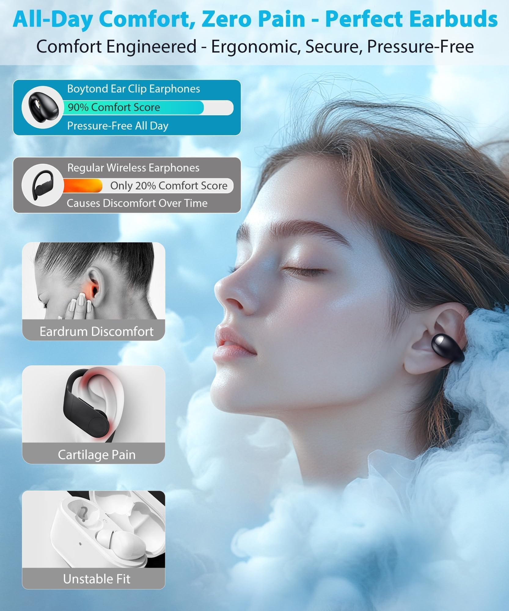 Boytond Auriculares ultra abiertos – Auriculares ergonómicos con clip, pequeños auriculares de conducción ósea con diseño impermeable, auriculares perfectos para correr para deportes y fitness, negro