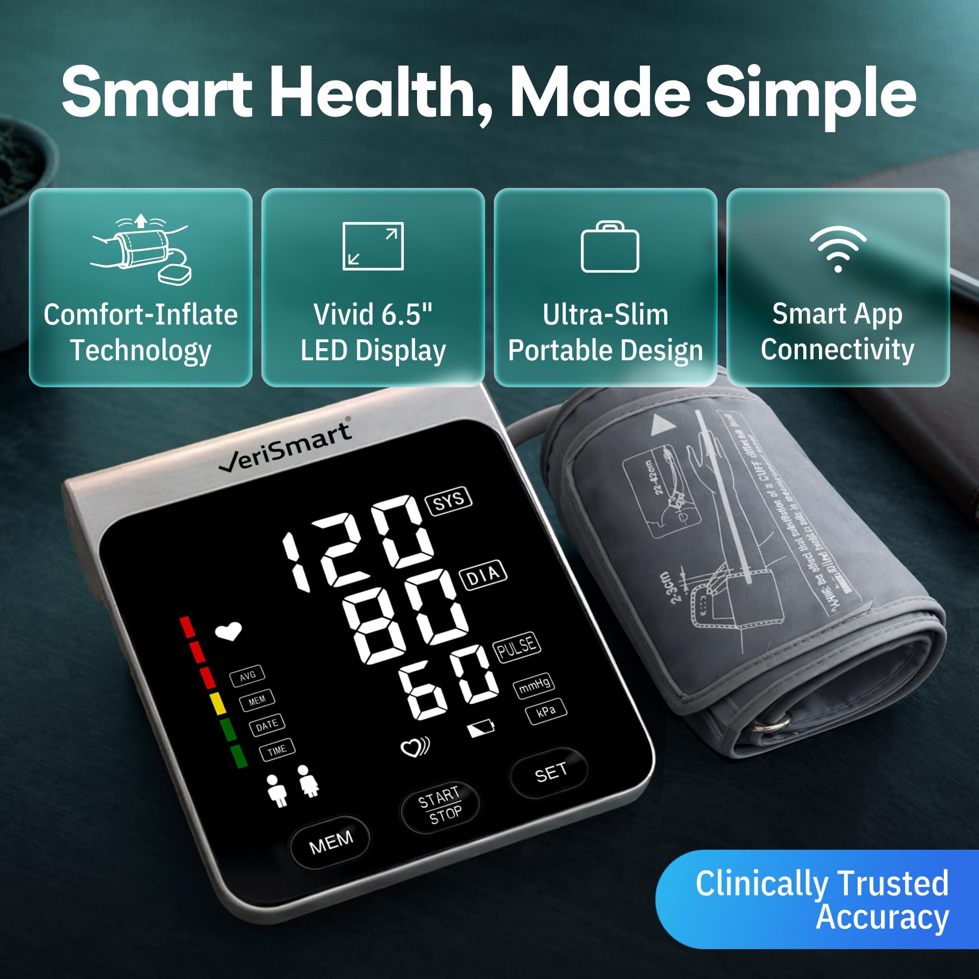 VeriSmart Monitor de presión arterial premium con la galardonada aplicación Smart Health Diary, pantalla LED grande de 16,3 cm, diseño ultrafino, manguito ancho, batería y USB-C, 5 años de garantía