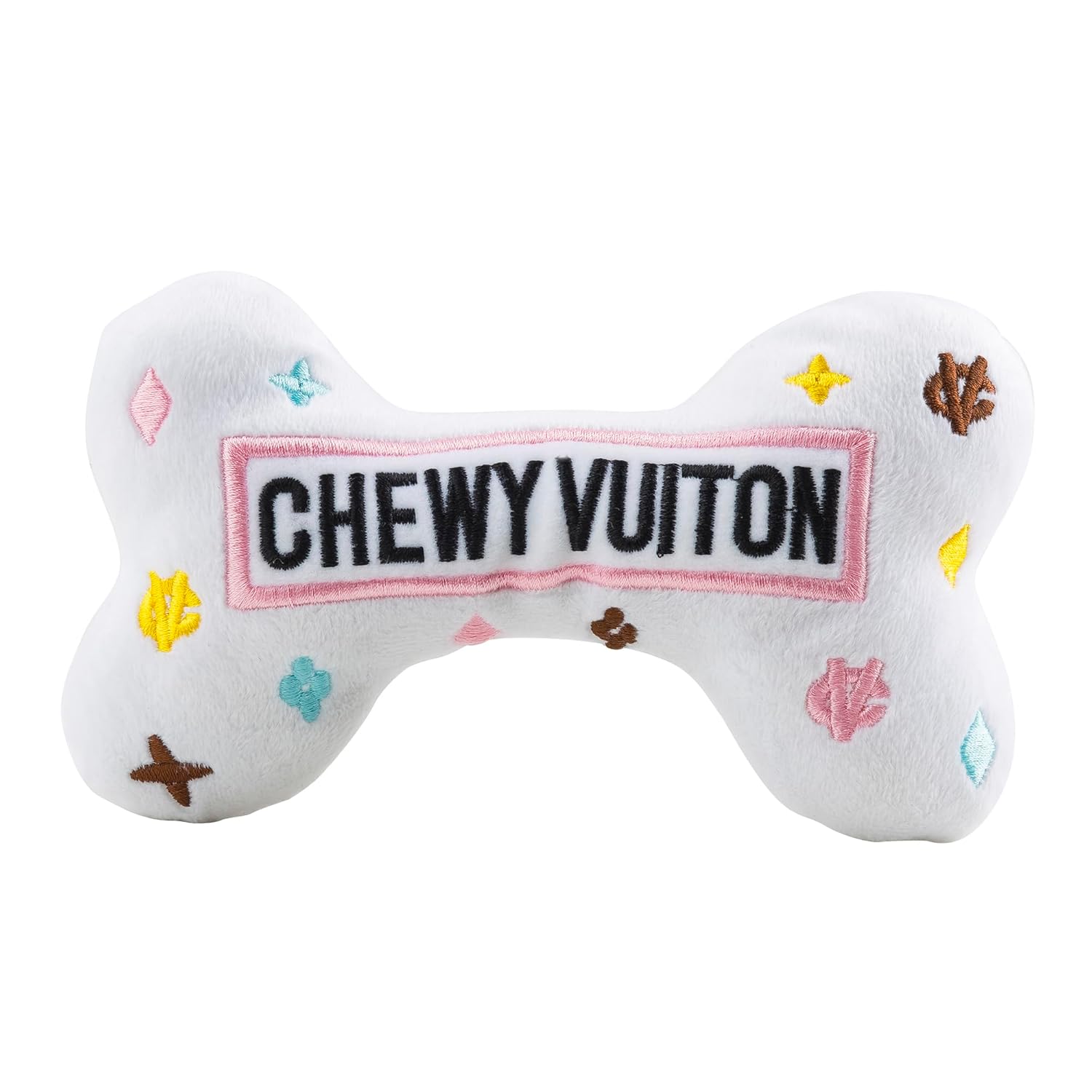 Haute Diggity Dog White Chewy Vuiton Bone Plush Designer Dog Toys with Interactive Squeaker Stimulating Pet Enrichment Machine-Washable