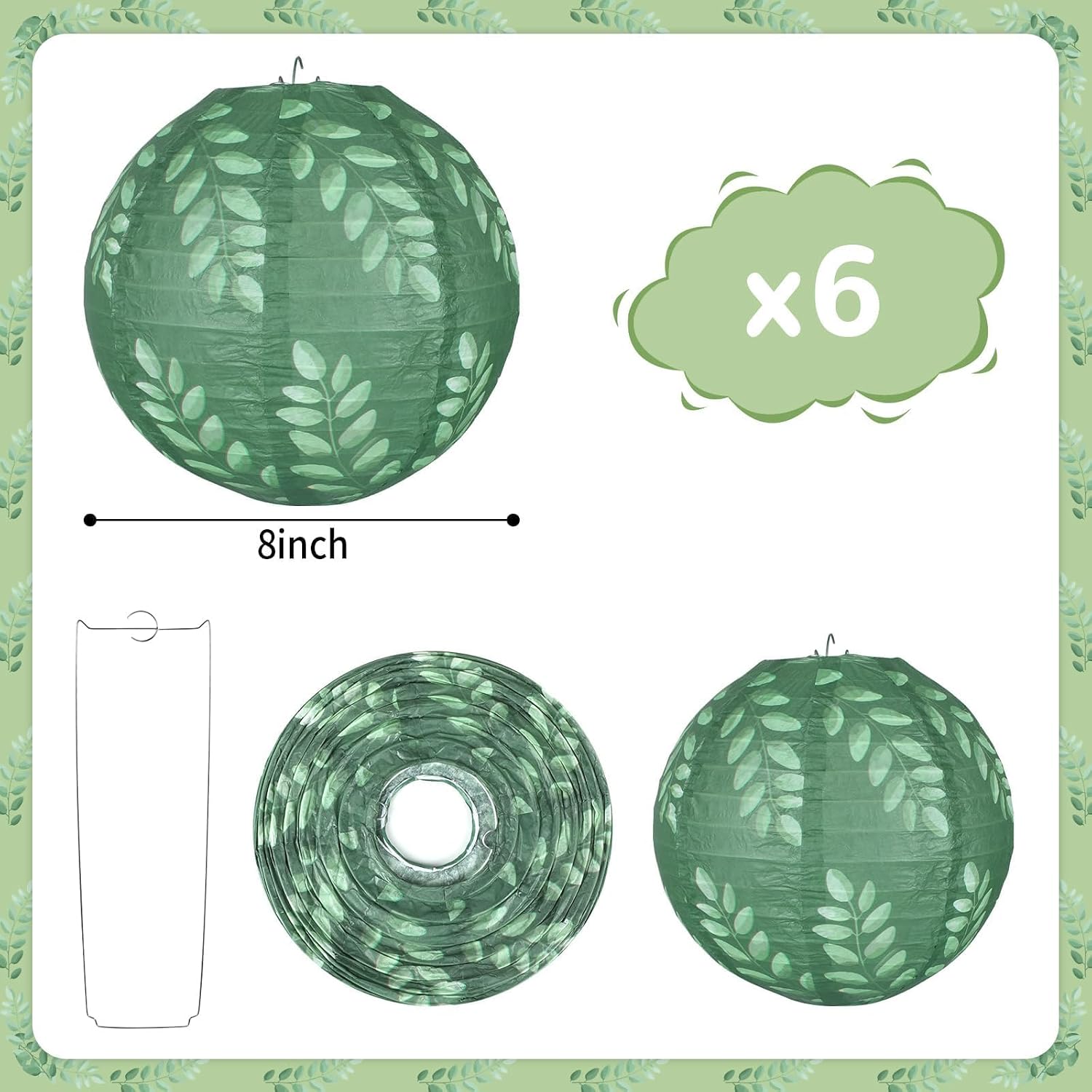 6pcs Greenery Paper Lanterns Set Classroom Decorations 8Inch Hanging Paper Lanterns Ceiling Decorations Paper Lanterns for Green Boho Weeding Birthday Bridal Showers Neutral School Classroom Decor