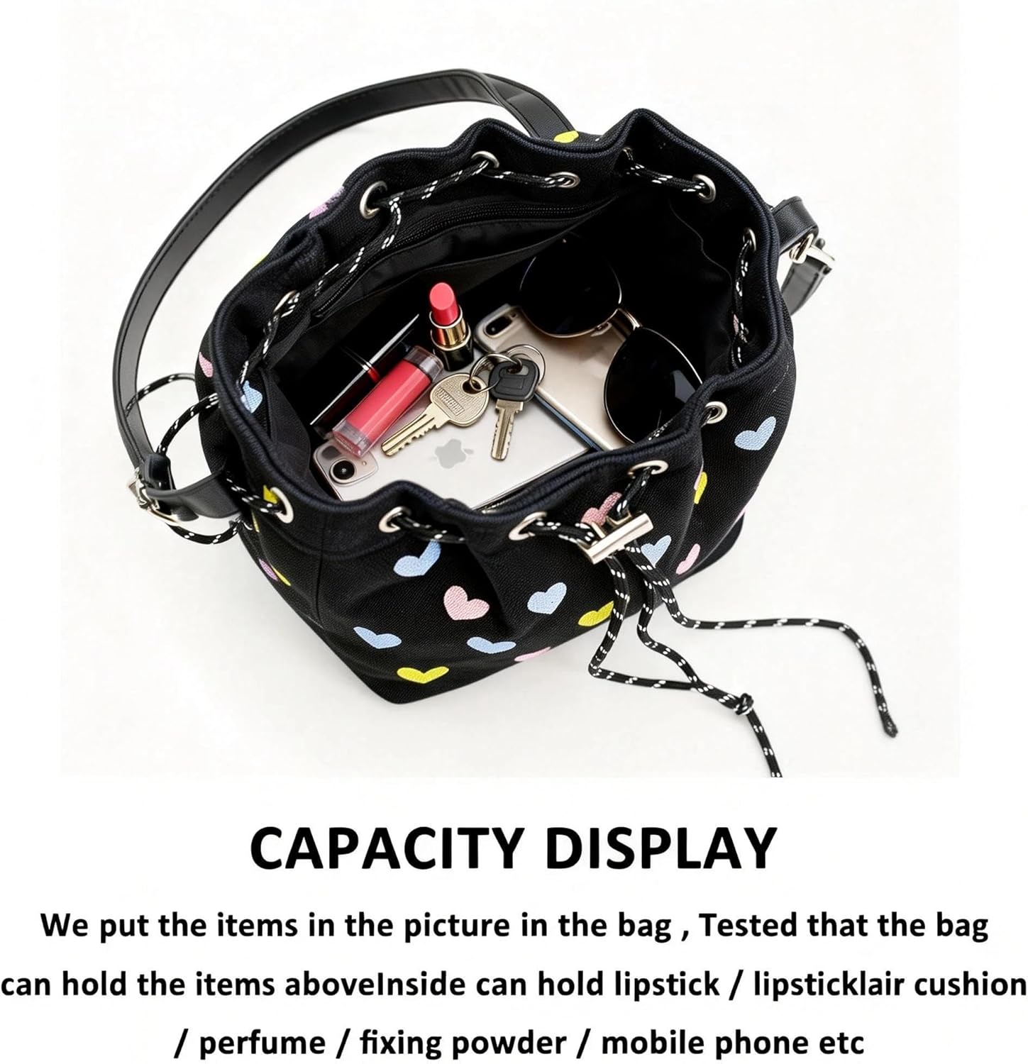 Canvas Tote Bag, Crossbody Bags for Women, Black Heart Embroidery Drawstring Bucket Bag, Cute Handbags, Shoulder Bag Suitable for Vacation, Travel, Daily