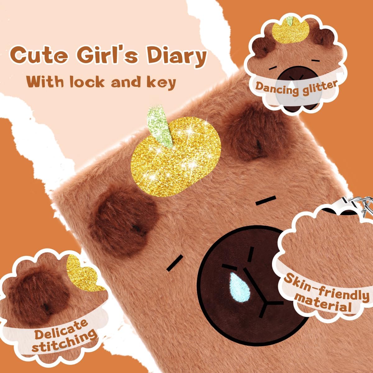 Capybara Diary for Girls with Lock and Keys,Tie-Dye Fuzzy Journal for Kids,Hardcover Fluffy Locking Notebook for Writing and Drawing,4-12 Year Old Girl Birthday - Image 4