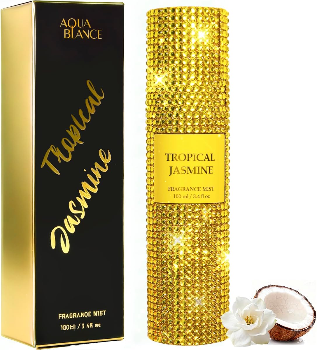 Spray corporal para mujeres, jazmín tropical, niebla con fragancia brillante, 3,4 onzas líquidas | Bruma corporal adornada con diamantes de imitación de cristal brillante, notas de coco, manzana verde y jazmín