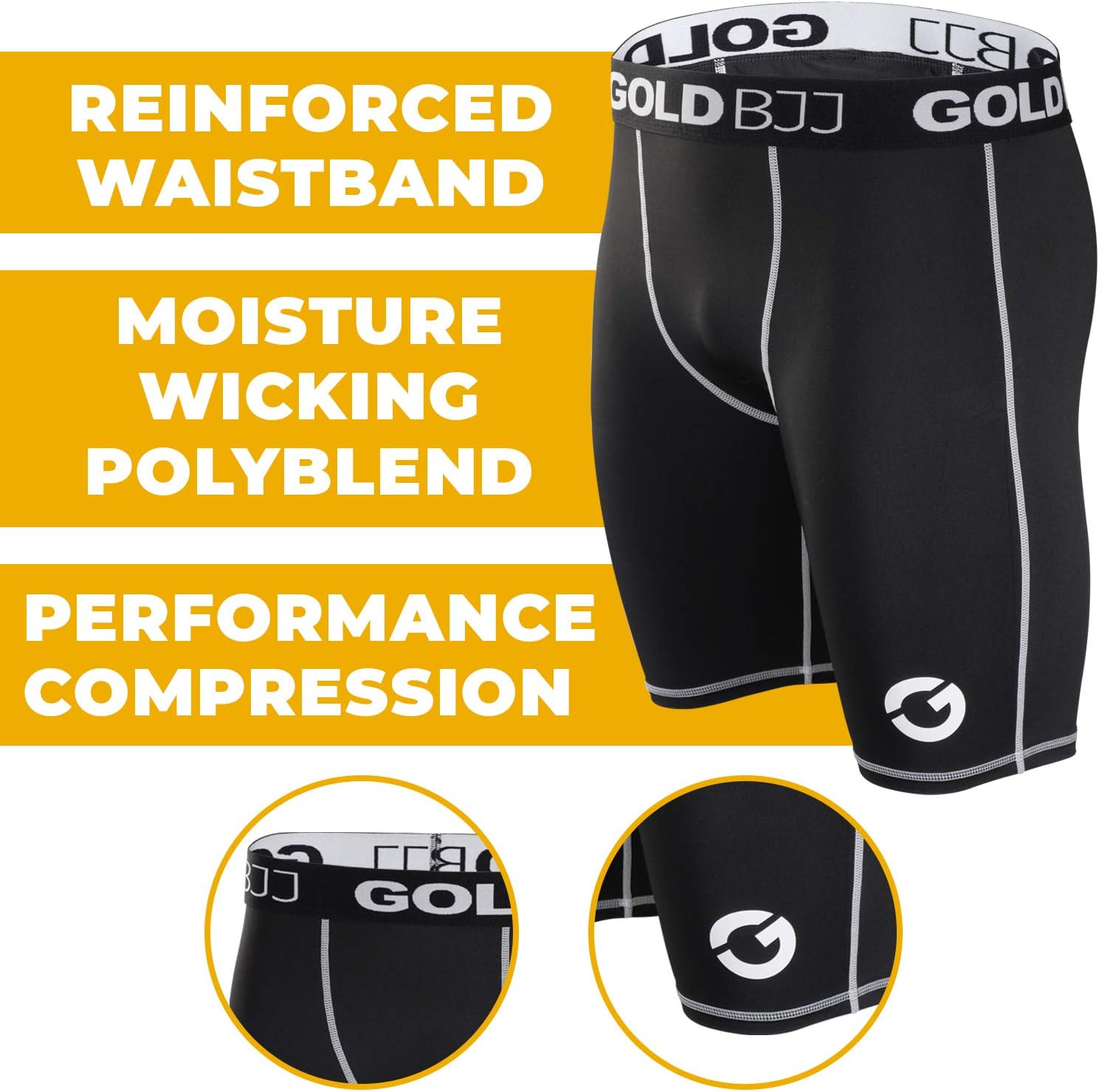 Gold BJJ Jiu Jitsu Compression Shorts - Base Layer for Gi and No-Gi Grappling - Martial Arts Short - Image 3