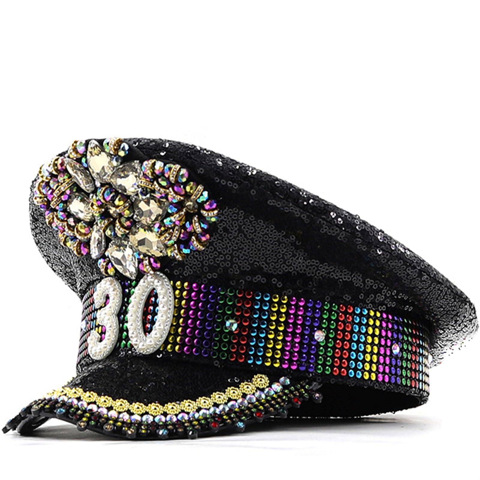 Strass-Paillettenhut für Damen, Hochzeit, Braut, schwarzer Sergeant-Hut, modischer Geburtstagsparty, Kapitän für Nachtclub, Party, Braut