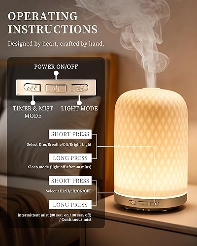 Miniatura 5 de Difusor de Aceite Esencial, Difusor de Aromaterapia Ultrasónico de 120ML 2.4MHz para Aceites Esenciales de Habitación Grande, Difusores Cerámicos