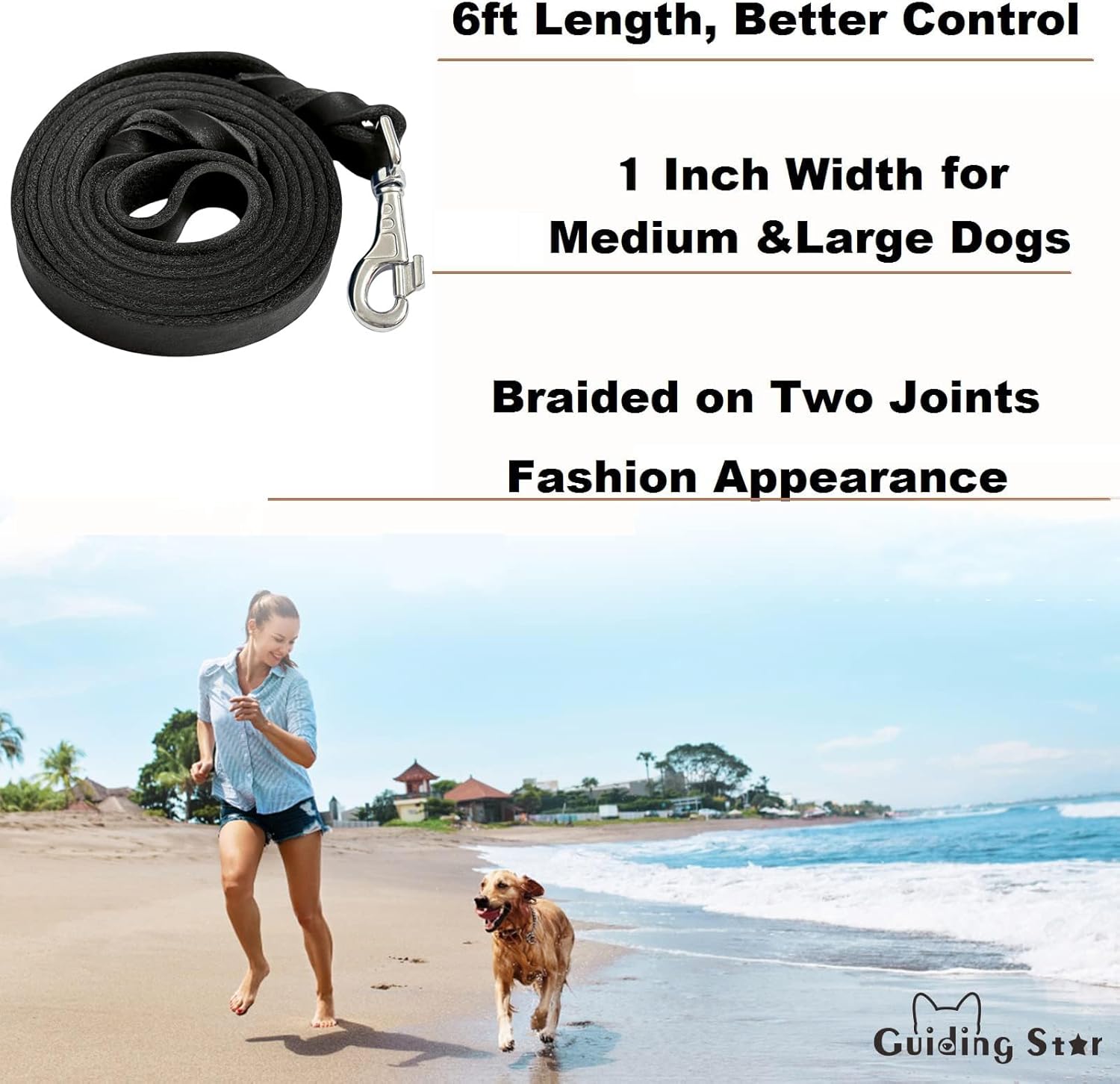 Leather Dog Leash, Heavy Duty, Braided Leather for Large Breed Dogs, 6ftx1in, Black