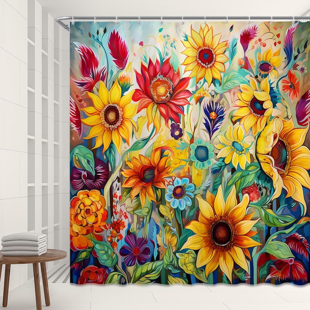 Sunflower Shower Curtain Rustic Farmhouse Floral Plant Watercolor Boho Nature Wildflowers Home Bathroom Polyester Fabric Curtains with Hooks 70Wx70H Inch