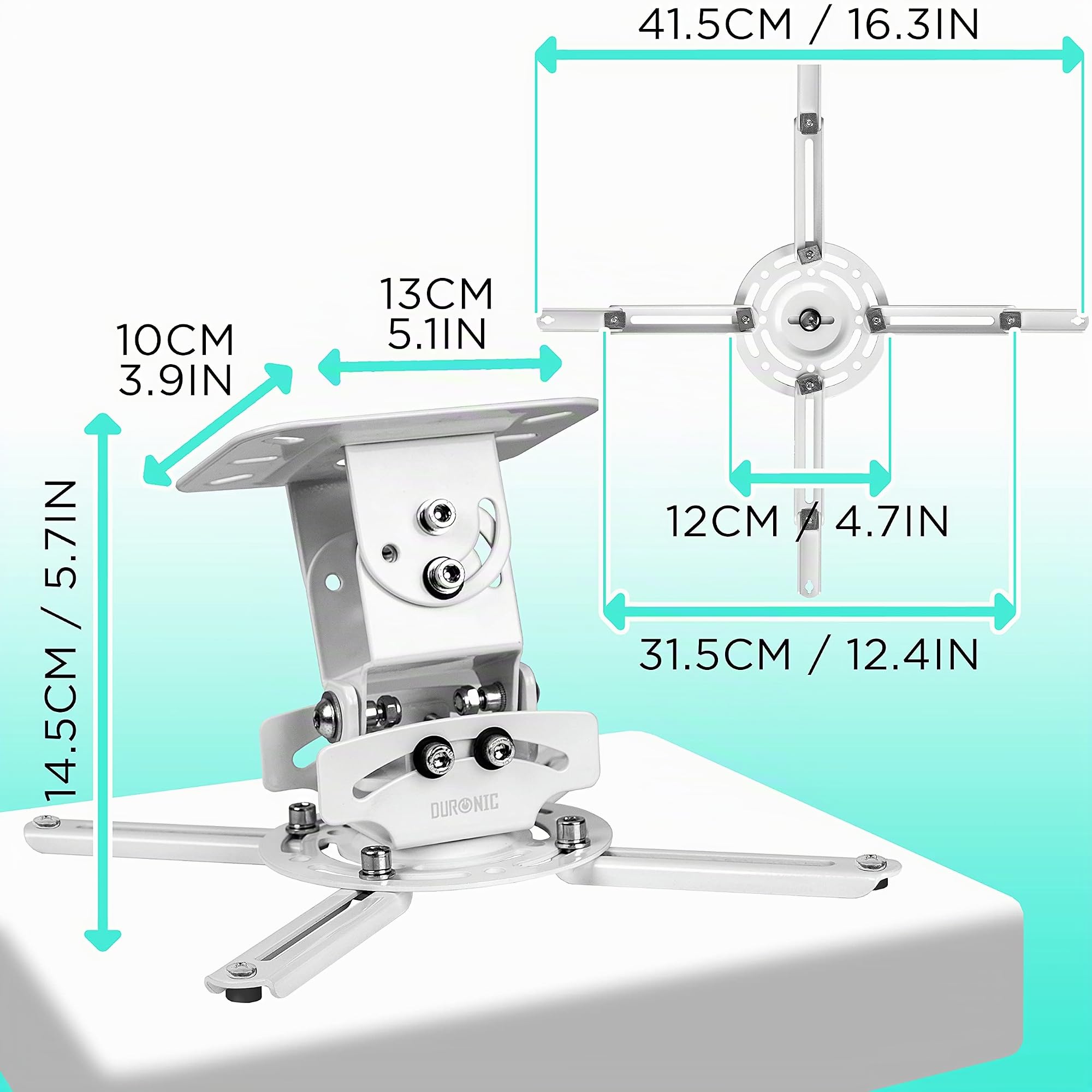 Duronic PB06XL Soporte para Proyector de Techo y Pared, Extensible 22-83cm, Universal, Giratorio 360º, Totalmente Articulable, Carga Máx 13.6kg, Cine en Casa, Videojuegos, Presentaciones, Color Blanco