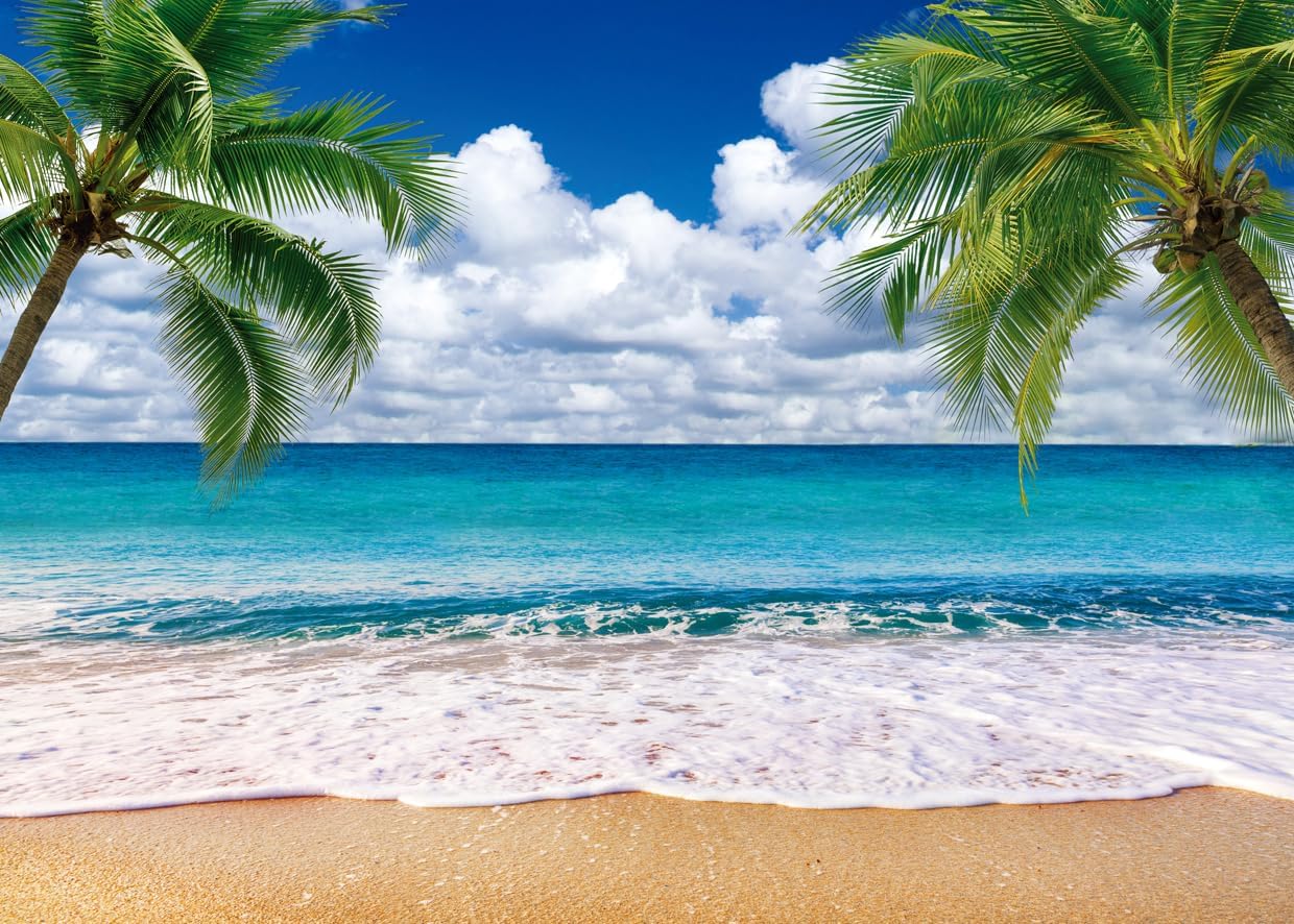Summer sea Backdrop Tropical Beach Plants Photo Backdrop Hawaiian Ocean Blue Sky Background for Theme Party Supplies Studio Props 12692(7x5FT)