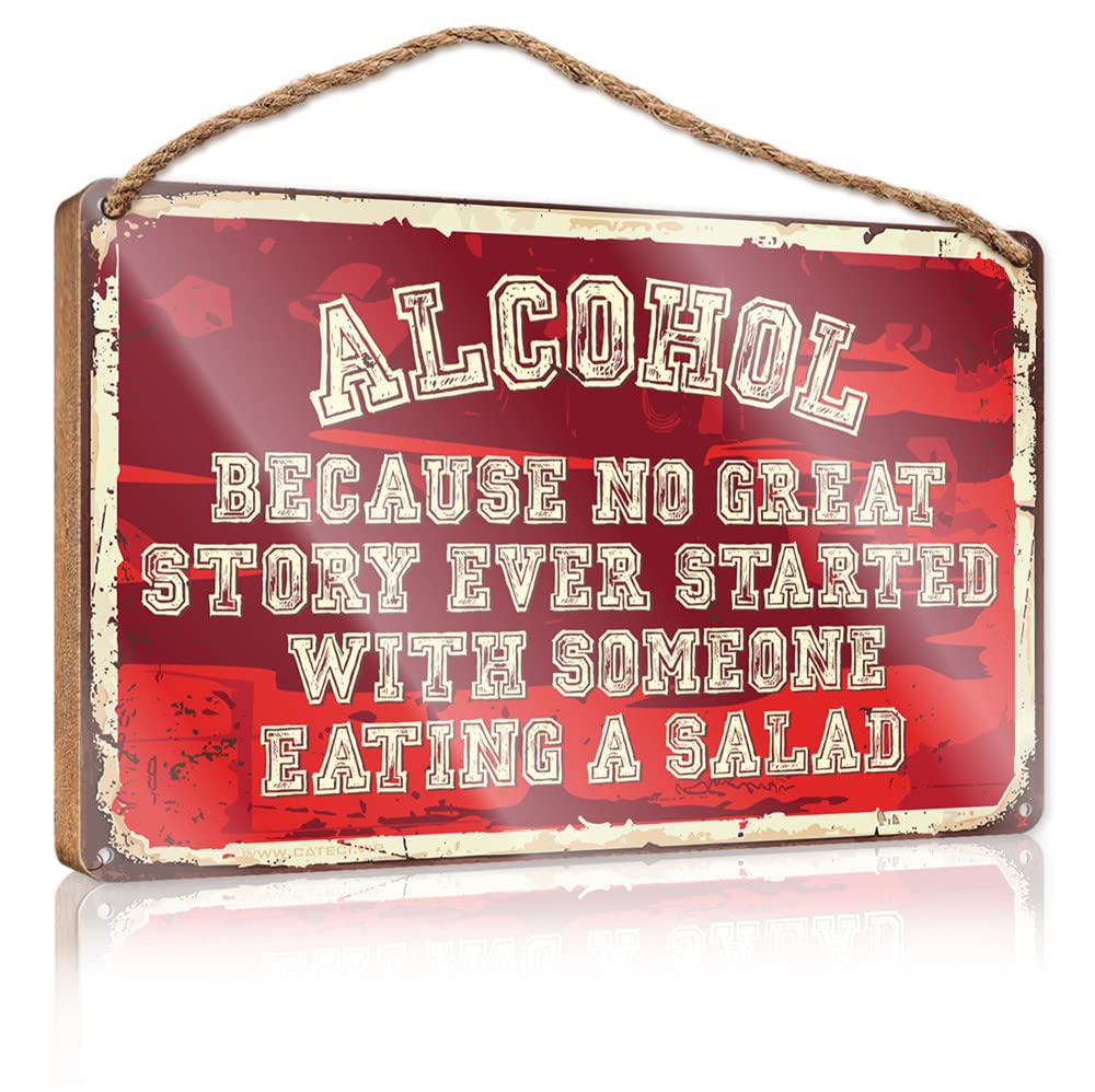 FZFN Signs & Plaques Because No Great Story Ever Started With Someone Eating A Salad Wooden Sign Bar Signs For Man Cave Bar Signs For Home(23X35CM)