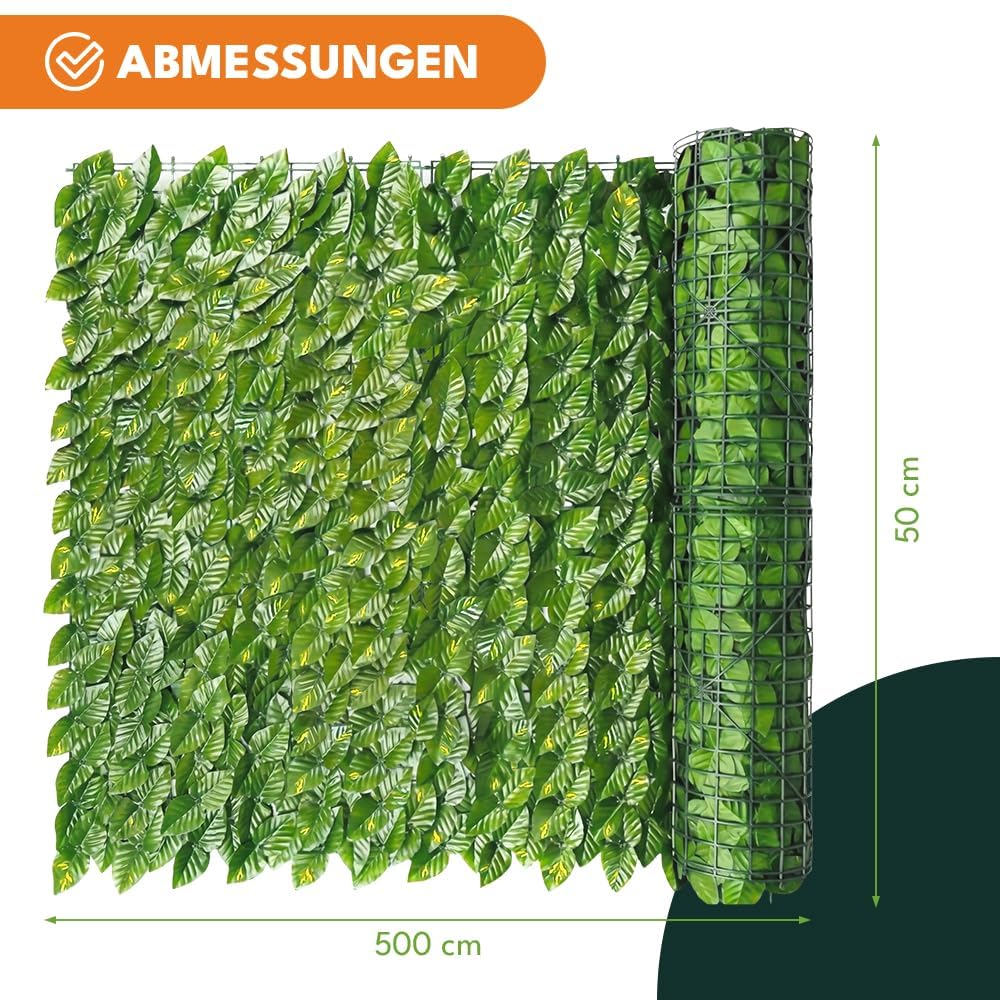 KRUMAD Lot de 2 haie de lierre artificiel de 500 x 50 cm, guirlande suspendue, brise-vue pour balcon et jardin, avec 200 serre-câbles, clôture brise-vue sans perçage, vert