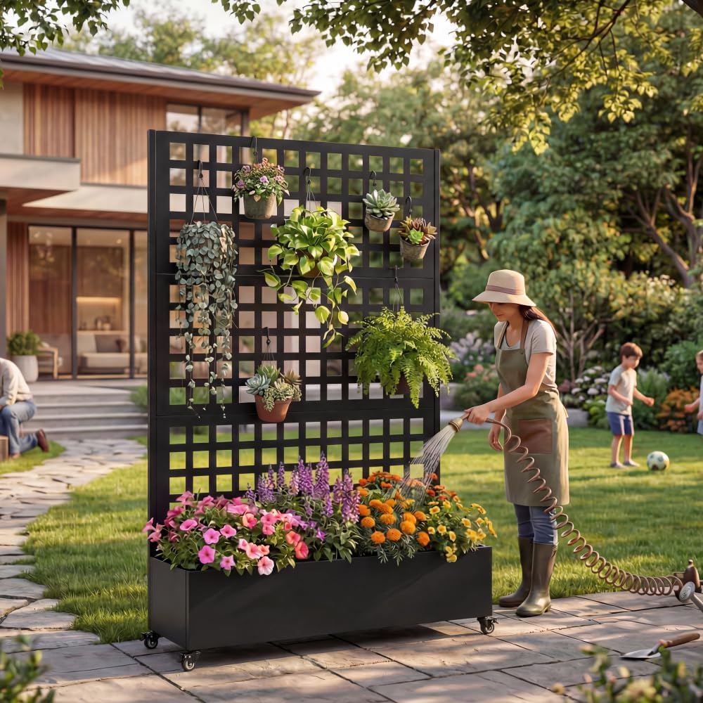 Metal Raised Garden Bed with Wheels and Trellis, 73x47x16 Inch Planter Box for Climbing Plants, Vegetables and Vines, Includes Privacy Screen and Drainage Holes