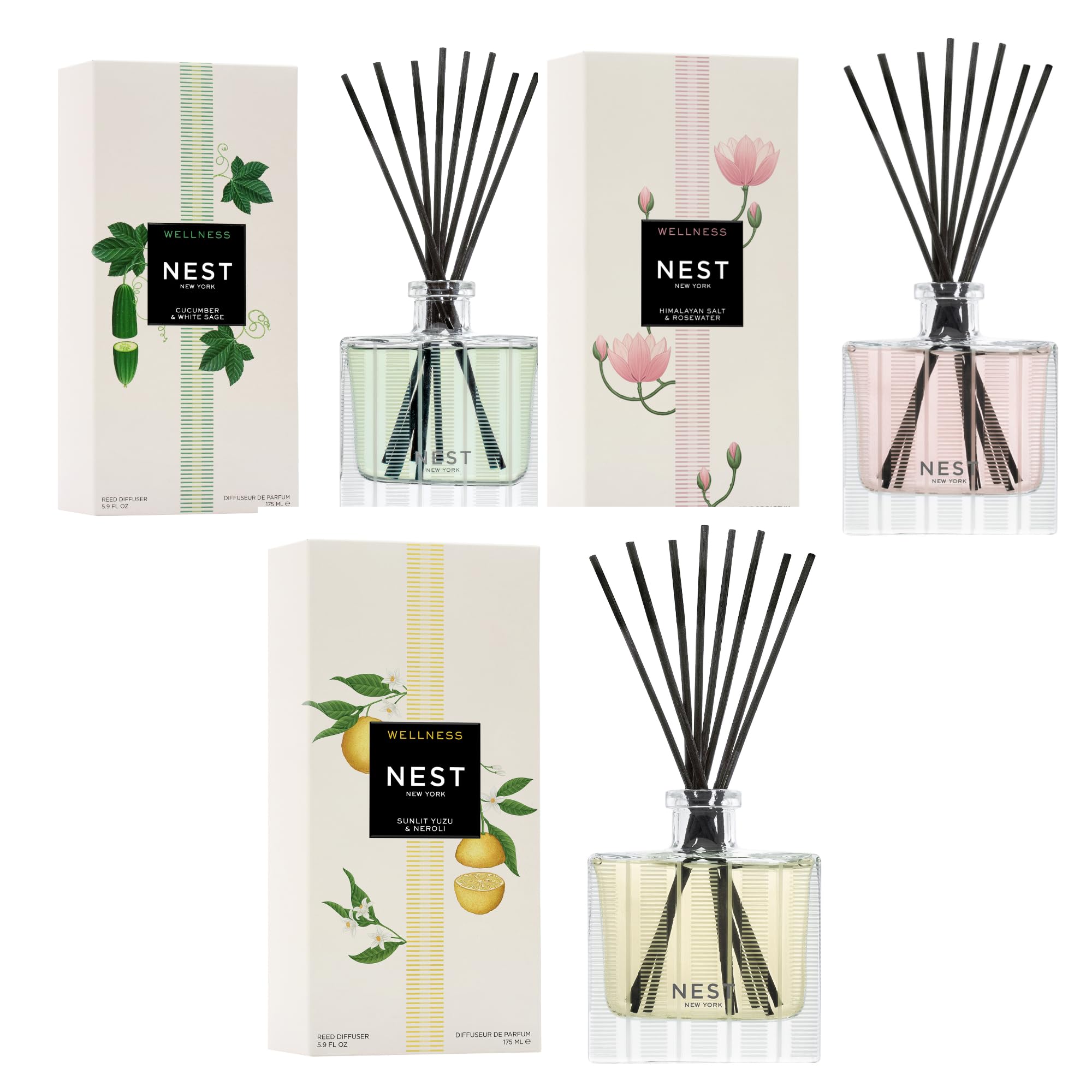 NEST New York Reed Diffuser Wellness Bundle - Includes Cucumber & White Sage, Himalayan Salt & Rosewater, and Sunlit Yuzu & Neroli - 5.9 fl oz Each