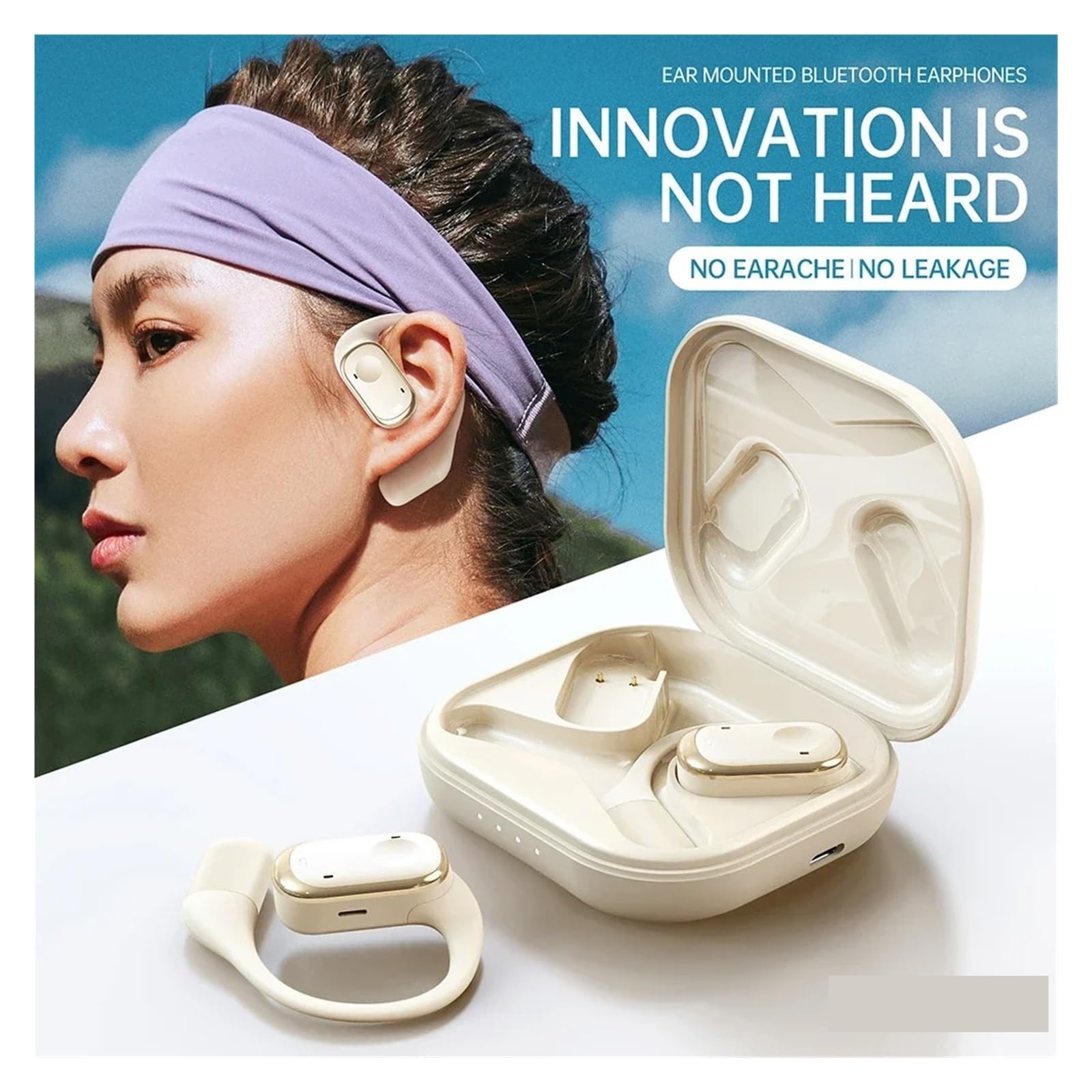 Cuffie con comfort stabile e suono ad alta risoluzione Bassi puri Boost Auricolari Bluetooth 5.3 Cuffie for lo sport(Ivory)