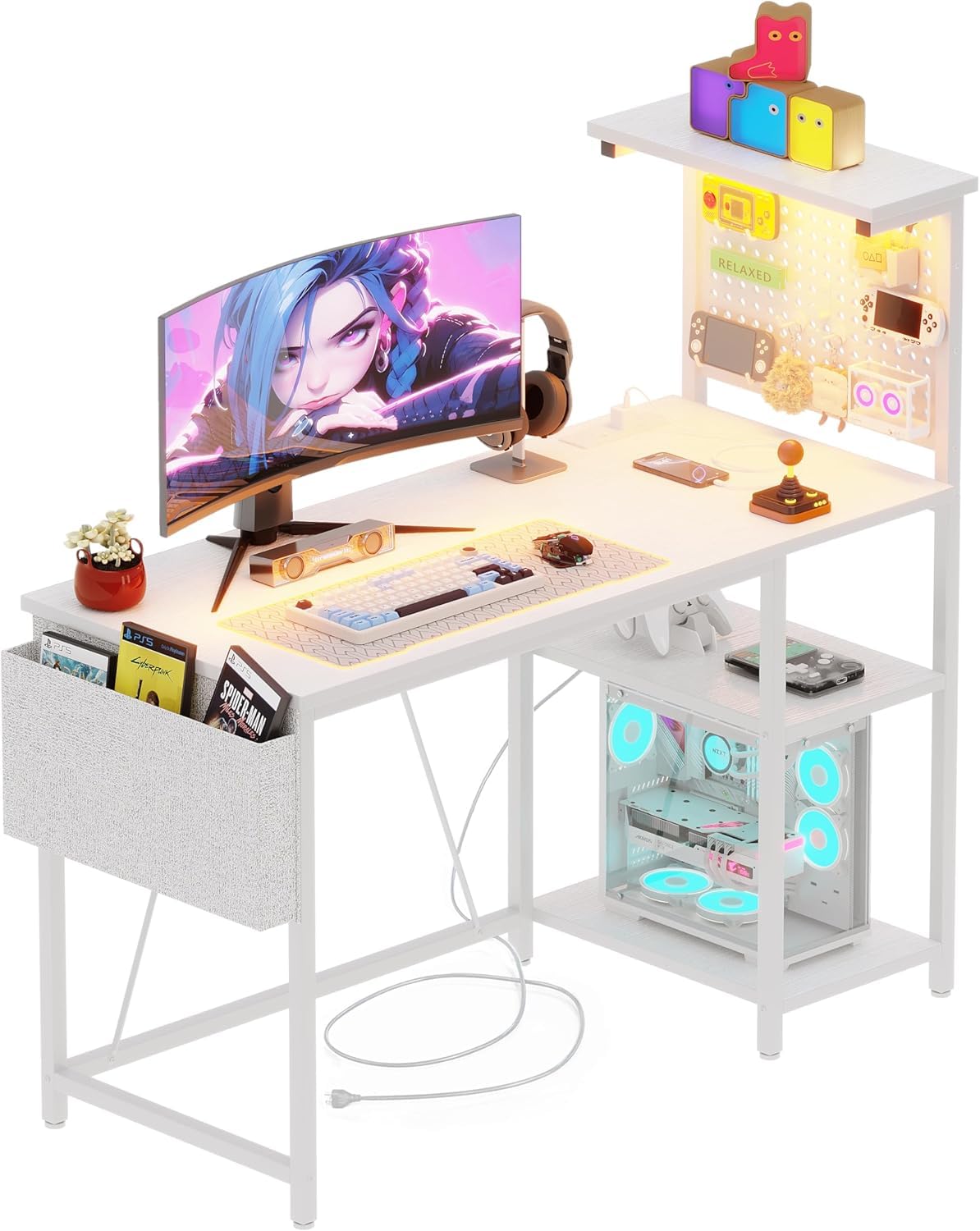 Stół gamingowy 120x50cm z ścianą perforowaną, gniazdkiem elektrycznym, małe biurko komputerowe z odwracalnymi półkami dla biurka narożnego w domowym biurze, biały