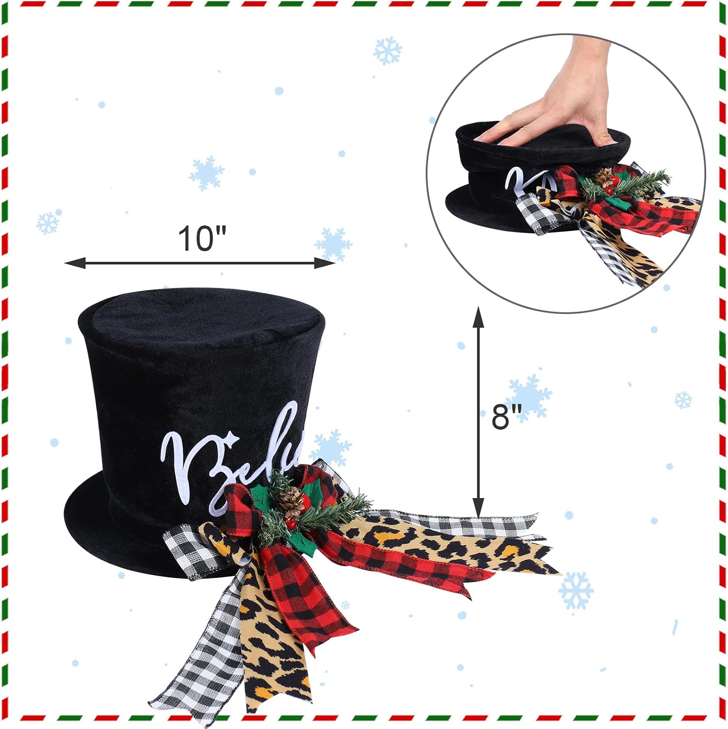 Christmas Tree Topper Hat, Black Velvet Bowler Derby Hat Topper with Long Plaid Ribbon Ornament, Christmas Snowman Topper Hat for Home Holiday Tree Decoration (Christmas Tree Topper Hat (10 x 8 Inch))