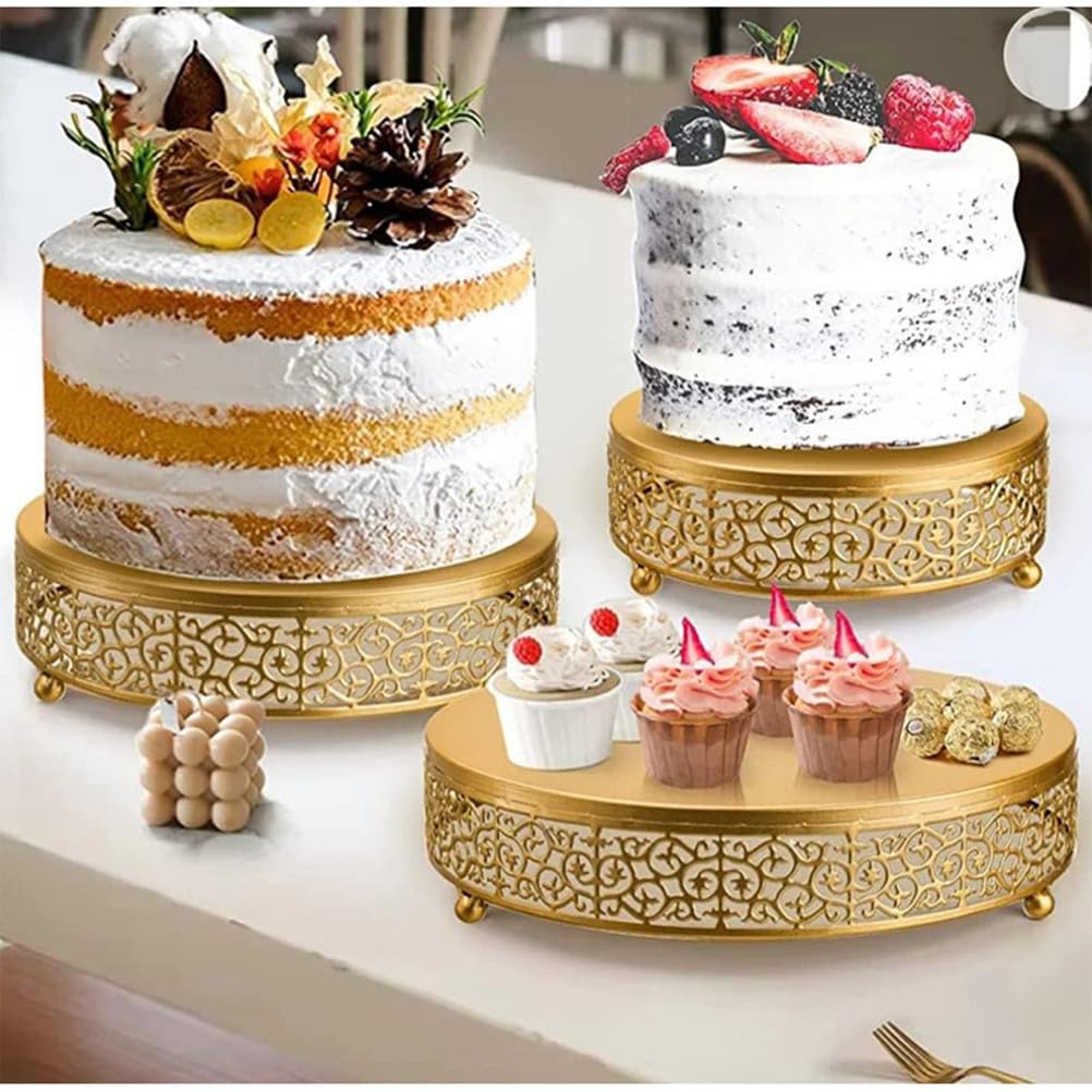 Lot de trois supports à gâteaux ronds en métal creux avec pieds sphériques et plateaux à dessert en couches dorées pour mariage, anniversaire, thé de l'après-midi, buffet, boulangerie, décoration de