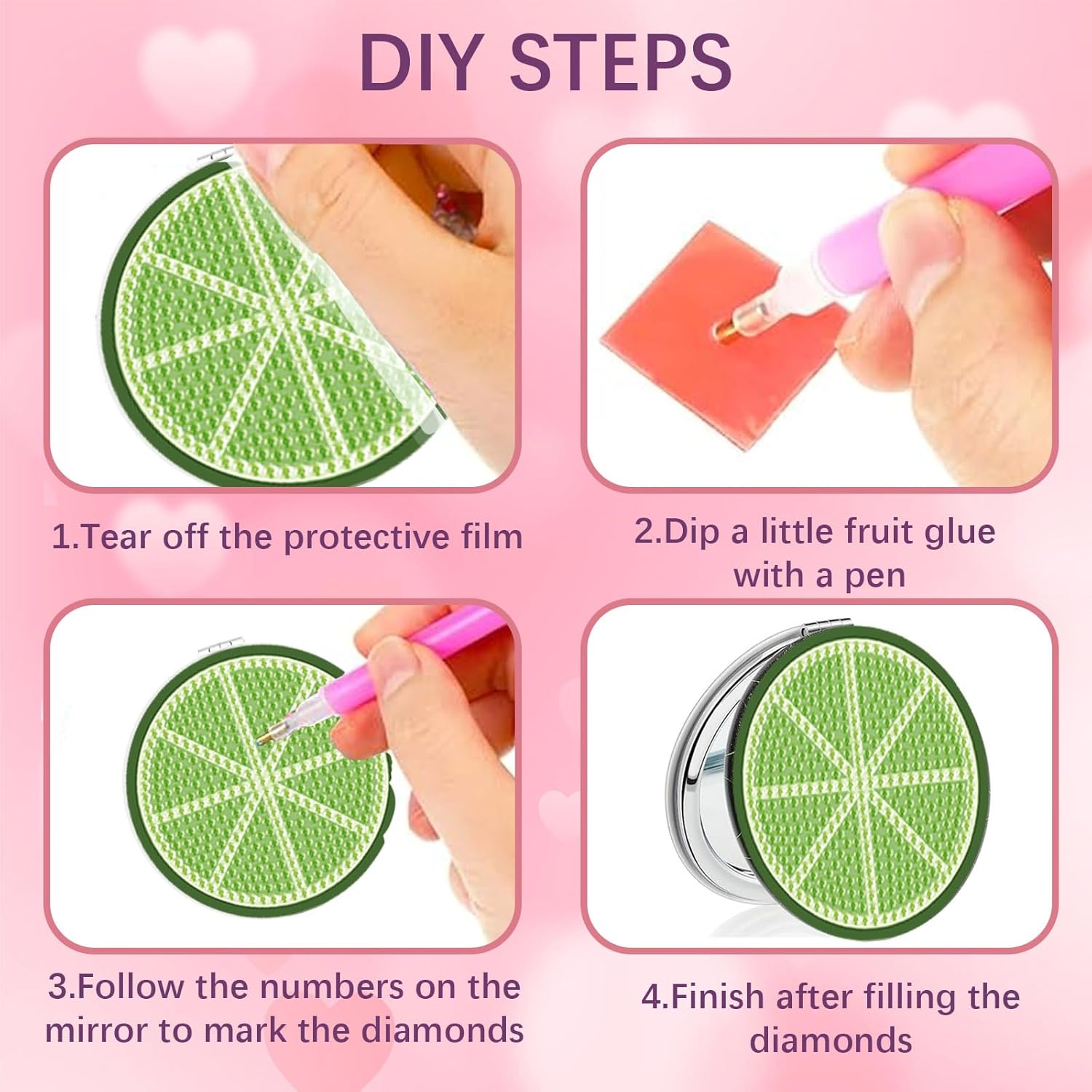 6pcs Diamond Painted Compact Mirror Fruit Design DIY Pocket Mirror Folding Purse Mirror with Magnification Diamond Dot Art Kits for Women
