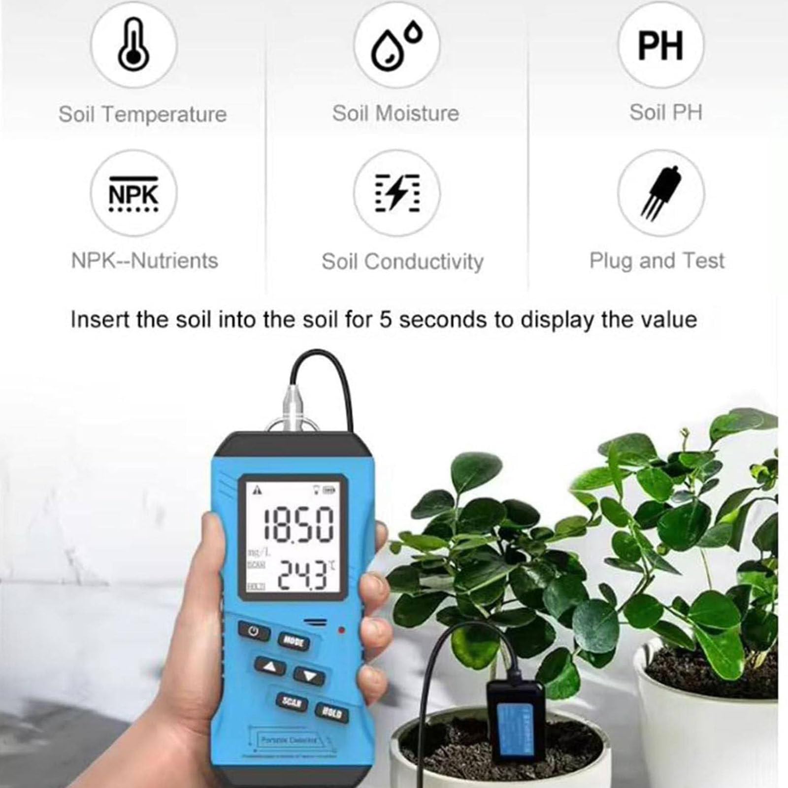 Kit 7 in 1 per L'analisi Terreno Piante:Tester Npk+Misuratore Ph Misura Umidità, Temperatura E Conduttività Kit Portatile Professionale per Il Test Fertilità Nutrienti per L'orticoltura