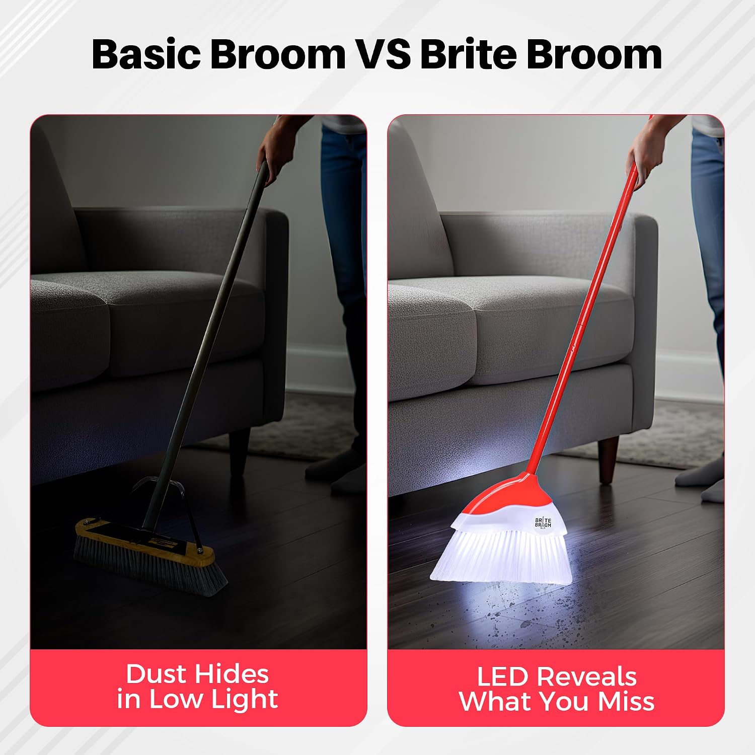 Indoor Broom with LED Lights | Angle Broom for Dark Corners & Low Light Areas | Soft Bristle, Adjustable Long Handle | Floor Sweeper for Kitchen, Room, Office & Garage (Red)
