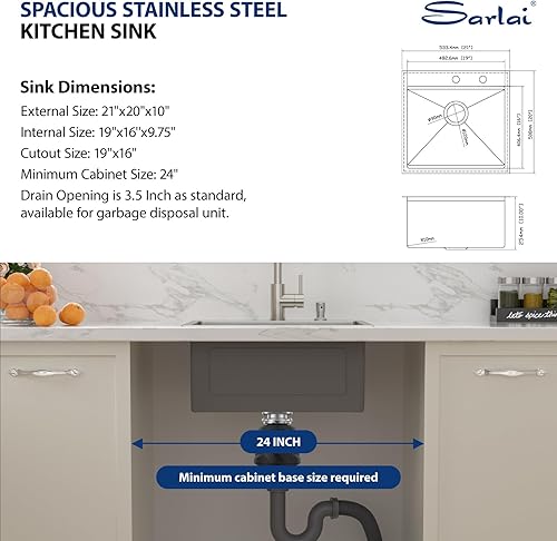 Miniatura 7 de Sarlai Fregadero de barra de 21 gotas de acero inoxidable - Fregadero de cocina de 21 x 20 pulgadas, estación de trabajo de montaje superior, acero