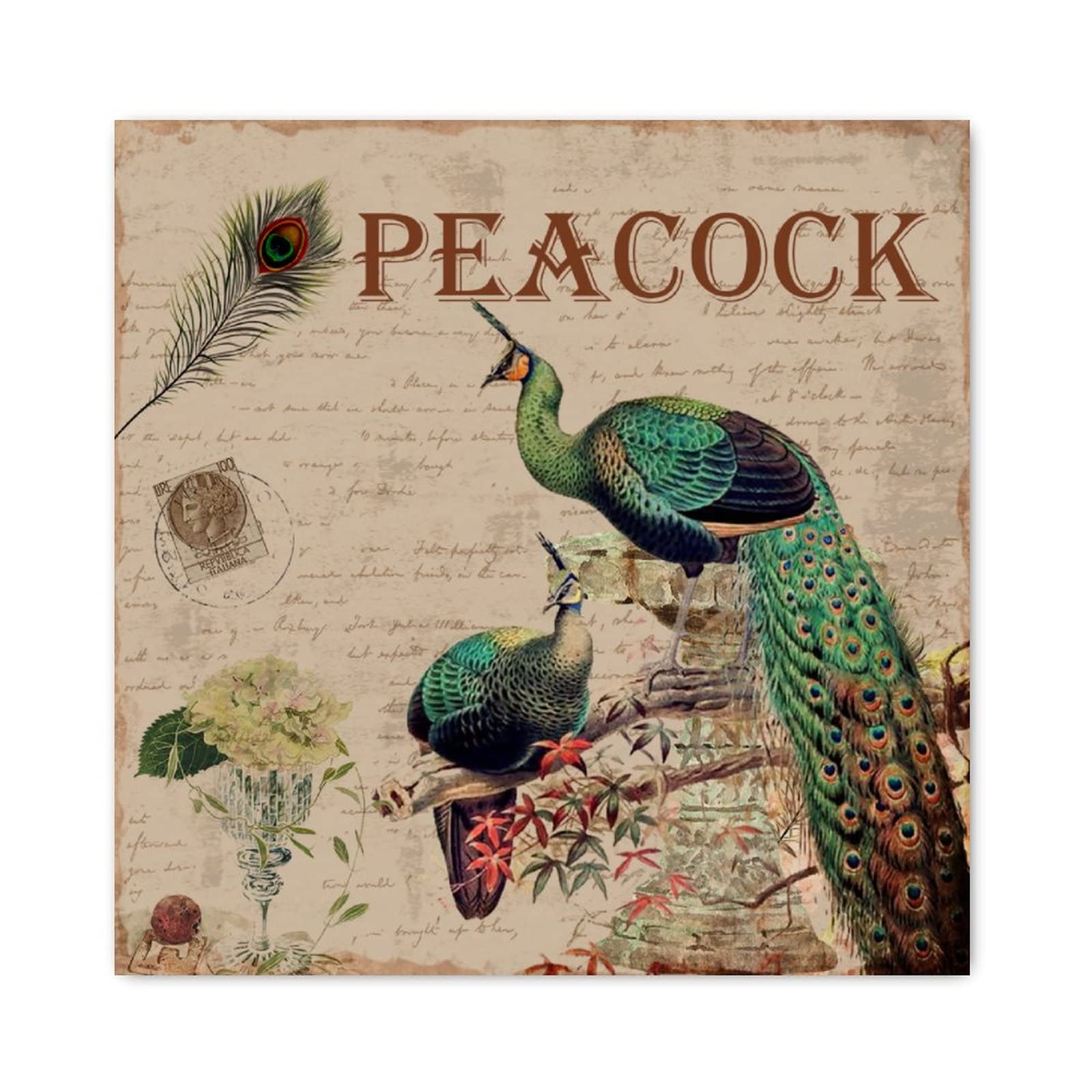 Panneau en bois vert aqua avec fleur de paon chrétien 30x30 cm