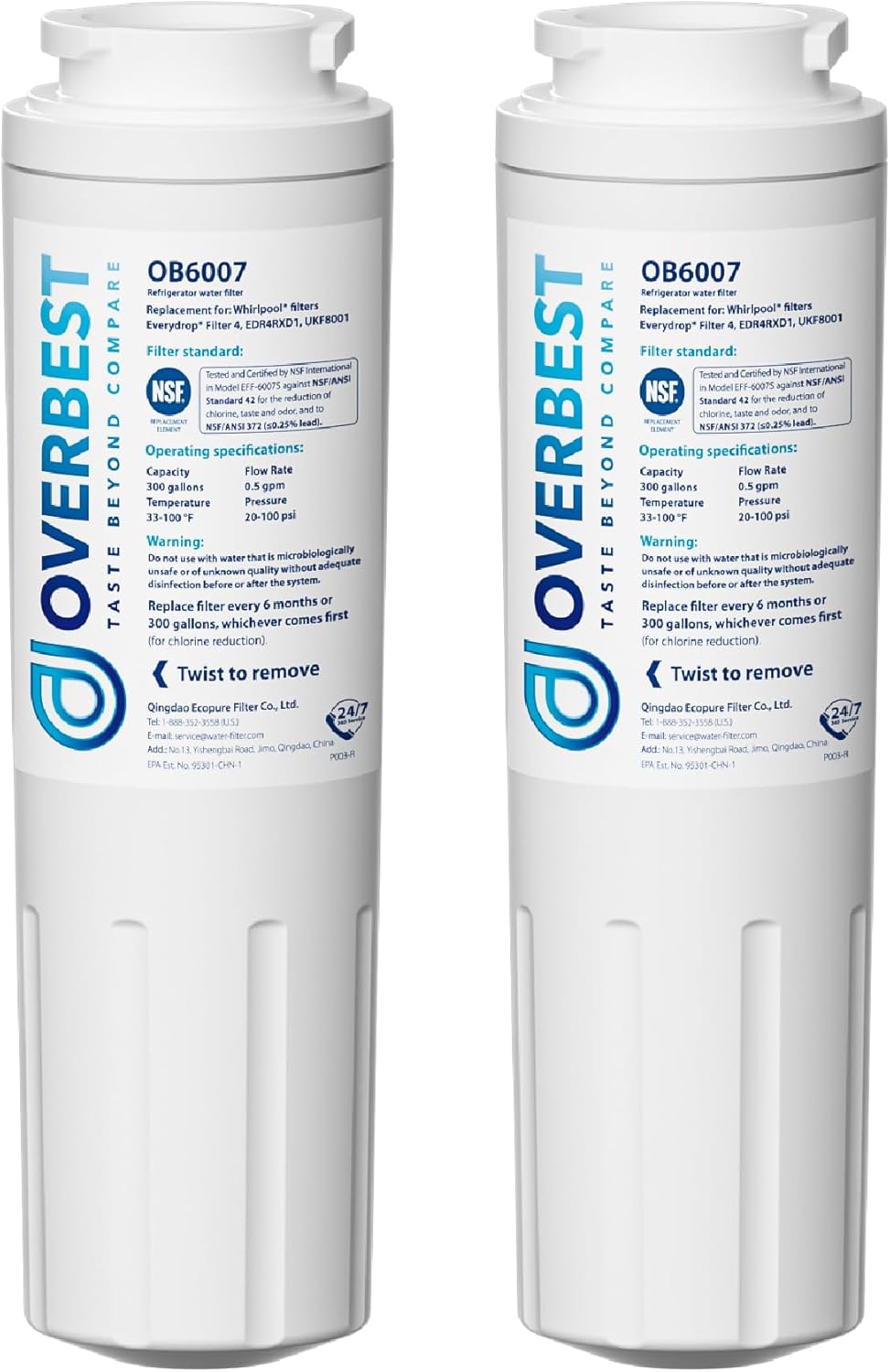 Overbest UKF8001 Replacement for EveryDrop by Whirlpool Refrigerator Water Filter 4, EDR4RXD1, Pack of 2