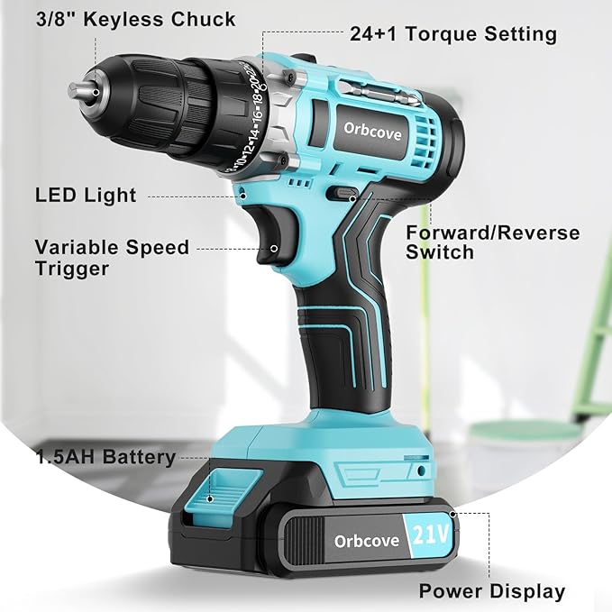 Taladro inalámbrico Orbcove 21V con batería y cargador, 65 piezas miniatura 4
