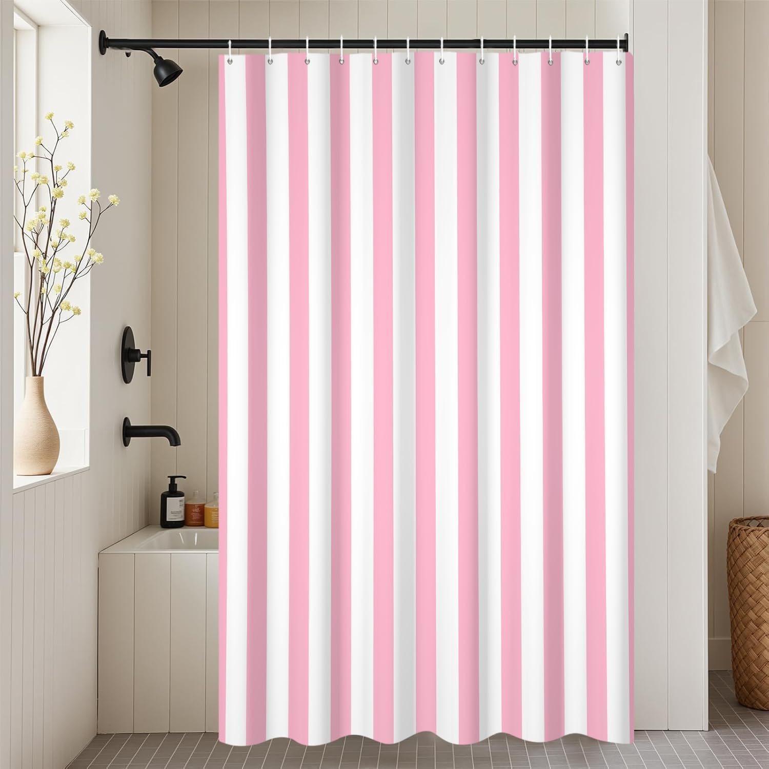 Rideau de douche en tissu imprimé 3D haut de gamme 240x200 cm rayé rose