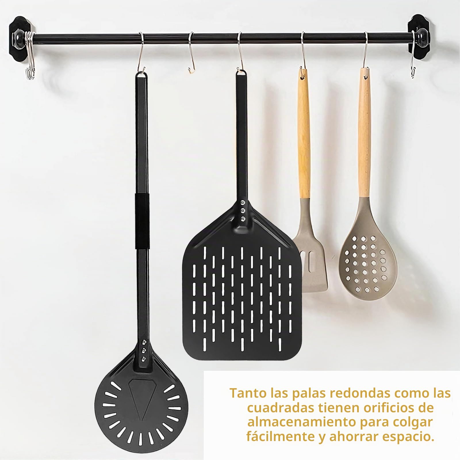 Juego de Palas para Pizza, 30 cm Redonda (Mango 80 cm) + 20 cm Cuadrada (Mango 40 cm), con Agujero para Almacenaje, Aluminio, Mango Antideslizante, Ideal para Pizza y Pan en Casa